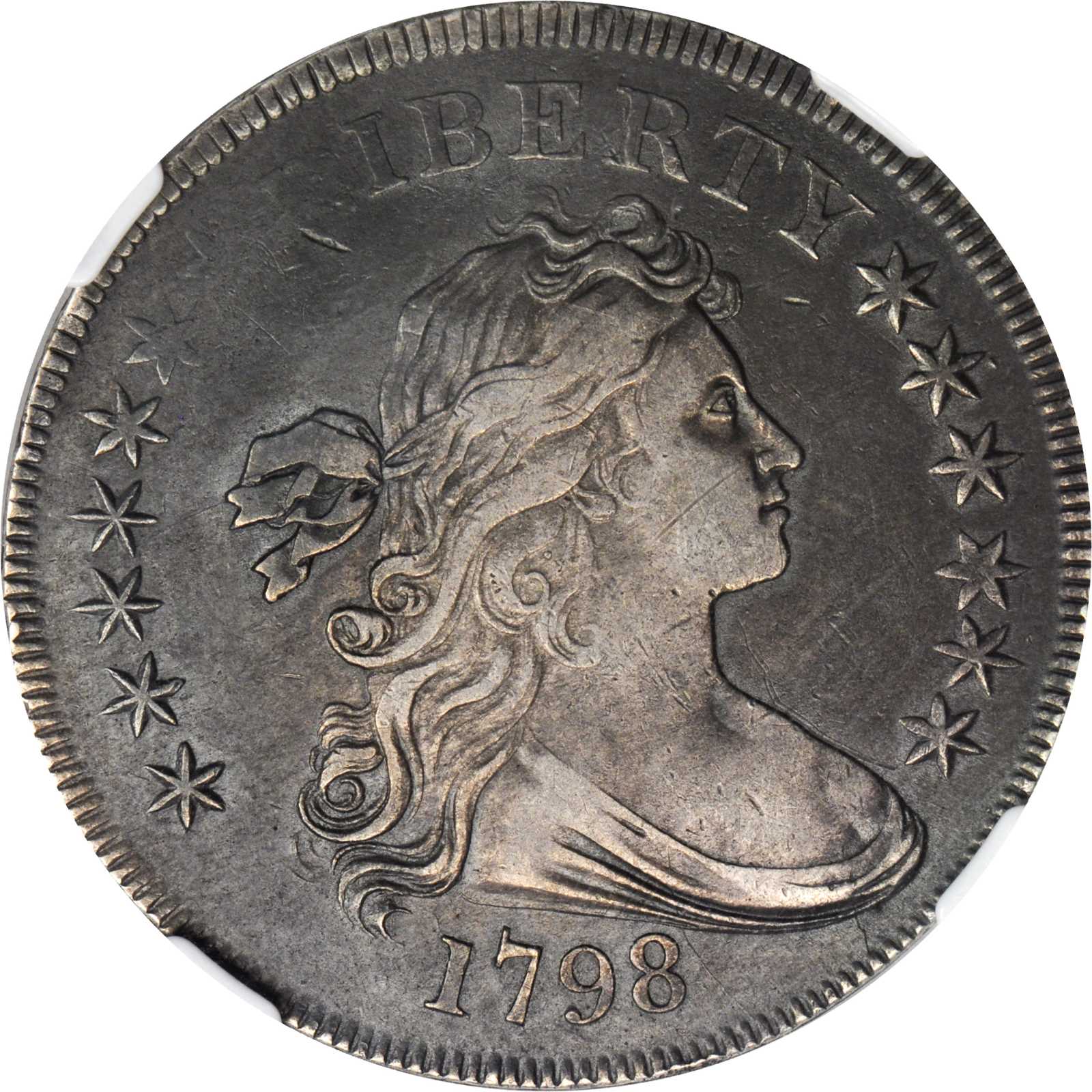 1798 Draped Bust Silver Dollar. Heraldic Eagle. B-32, BB-91. Rarity-7. BB Die State II. Knob 9, 10 Arrows. VF-30 (NGC).