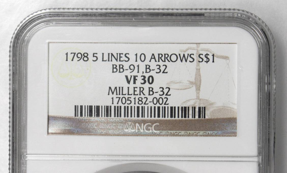 1798 $1  Large Eagle, Knob 9, 5 Vertical Lines, B-32, BB-91 AU50 CAC thumbnail 11