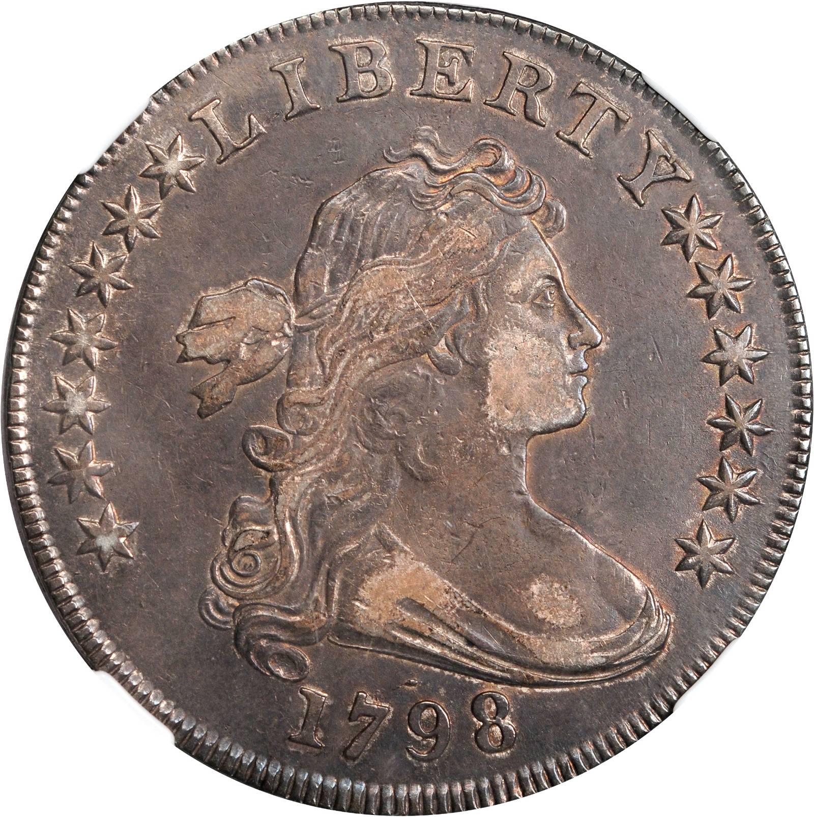 1798 Draped Bust Silver Dollar. Large Eagle. B-21, BB-107. Rarity-5. Bowers Die State II. Pointed 9, 10 Arrows. EF-45 (NGC).