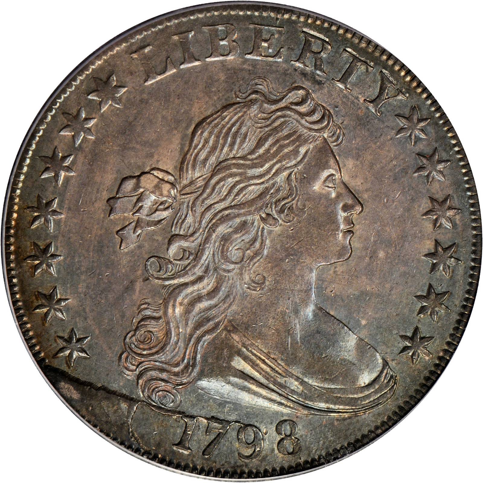 1798 Draped Bust Silver Dollar. Large Eagle. B-16, BB-110. Rarity-6. Bowers Die State III. Pointed 9, Wide Date. MS-62 (PCGS). CAC. Secu...