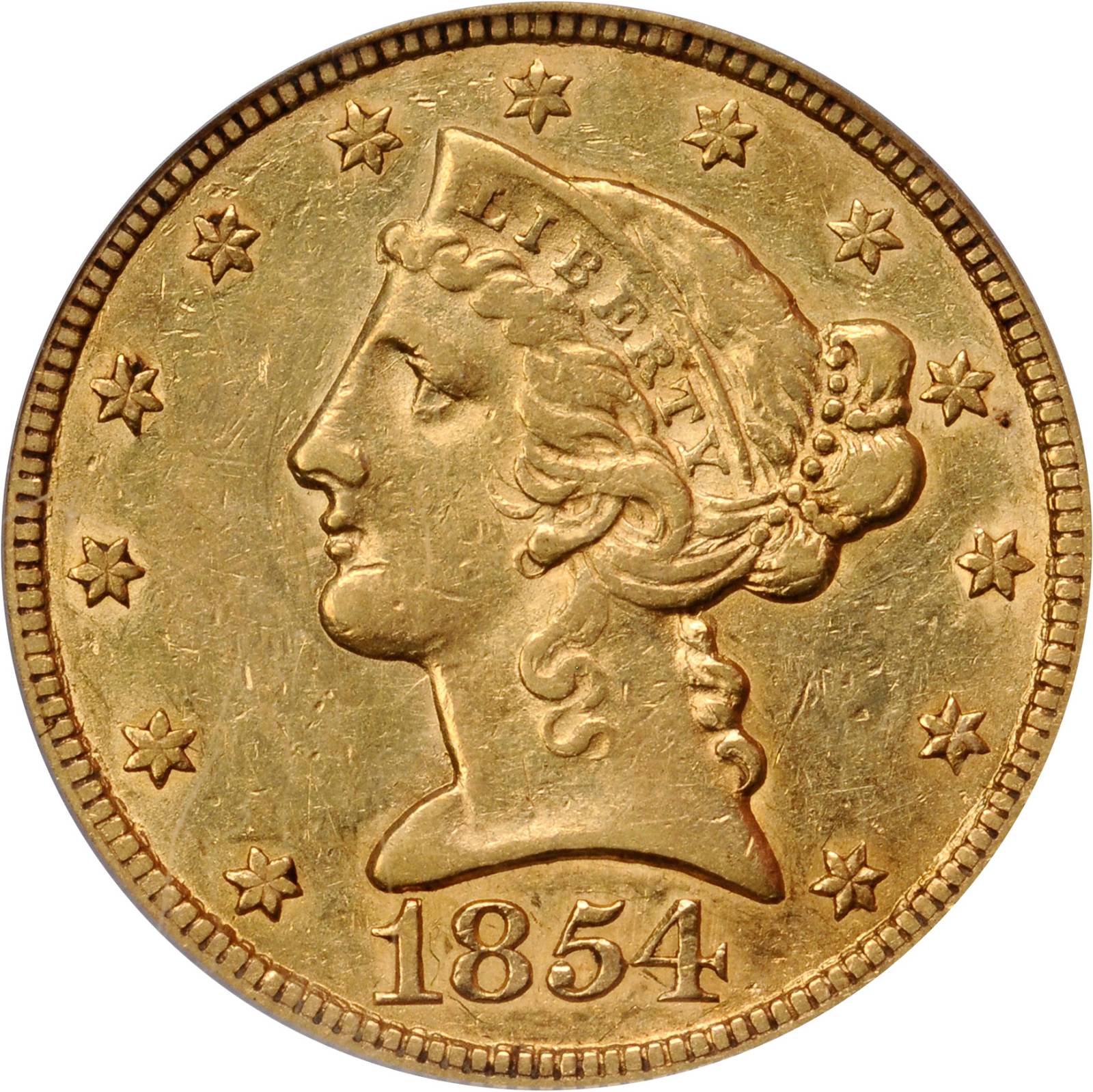 1854 Liberty Half Eagle. FS-101 (FS-004.5). Doubled Die Obverse. AU-50 (PCGS).