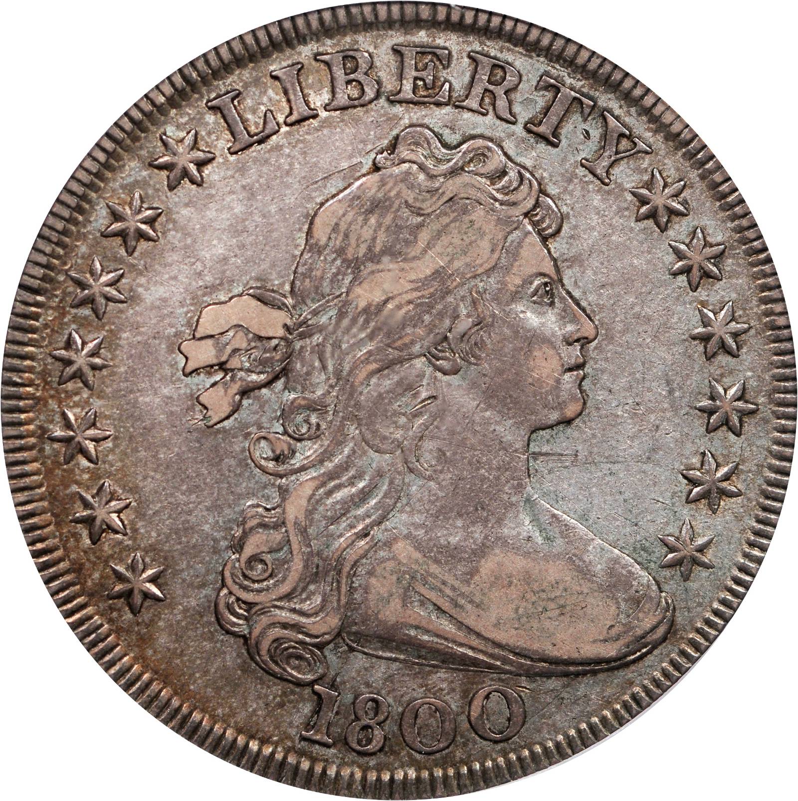 1800 Draped Bust Silver Dollar. B-4, BB-186. Rarity-4. BB Die State II-III (intermediate die state). AU-55 (PCGS). Secure Holder.