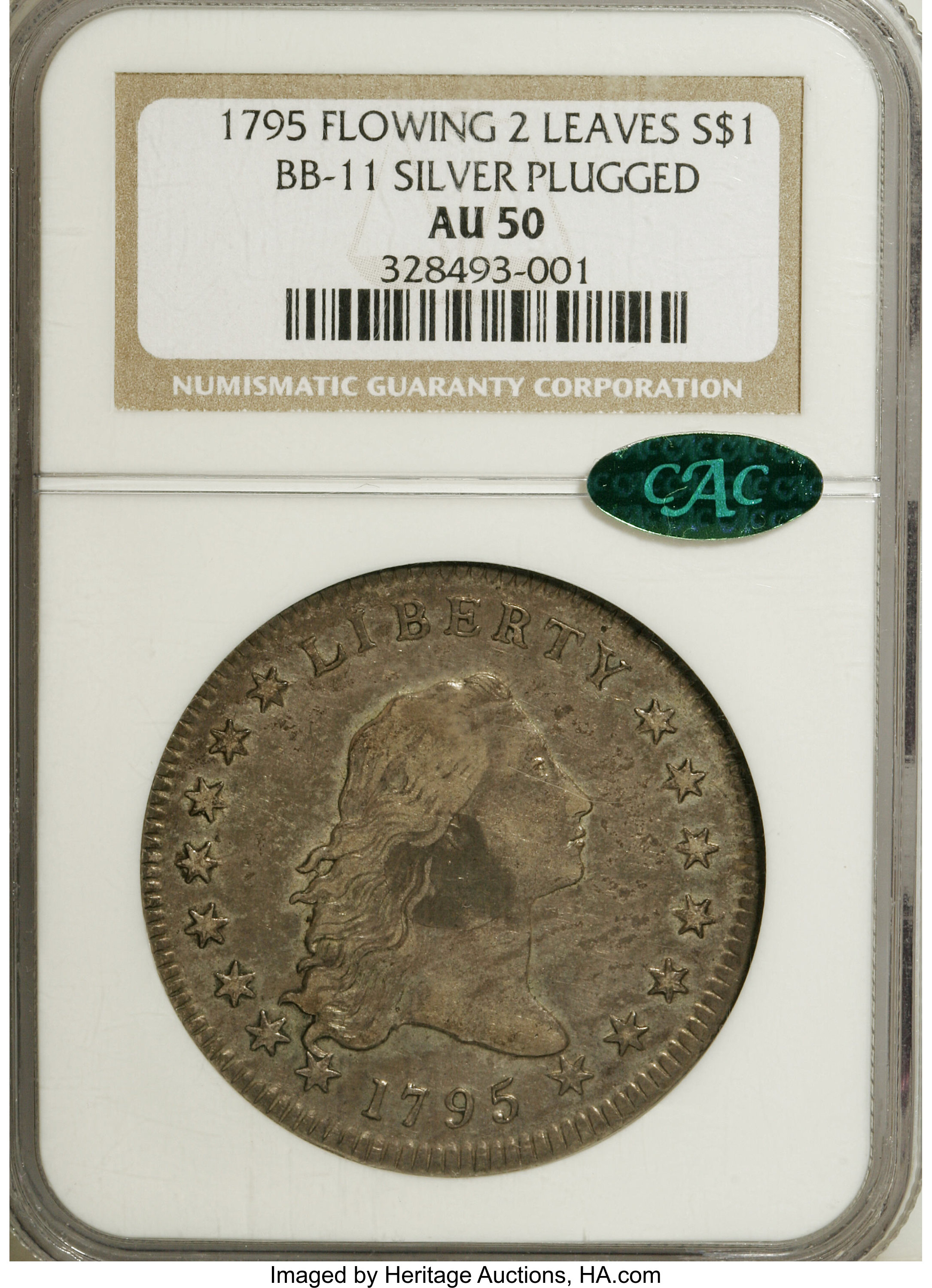 1795 $1  Flowing Hair, Silver Plug, 2 Leaves, B-3, BB-11 XF45 thumbnail 4
