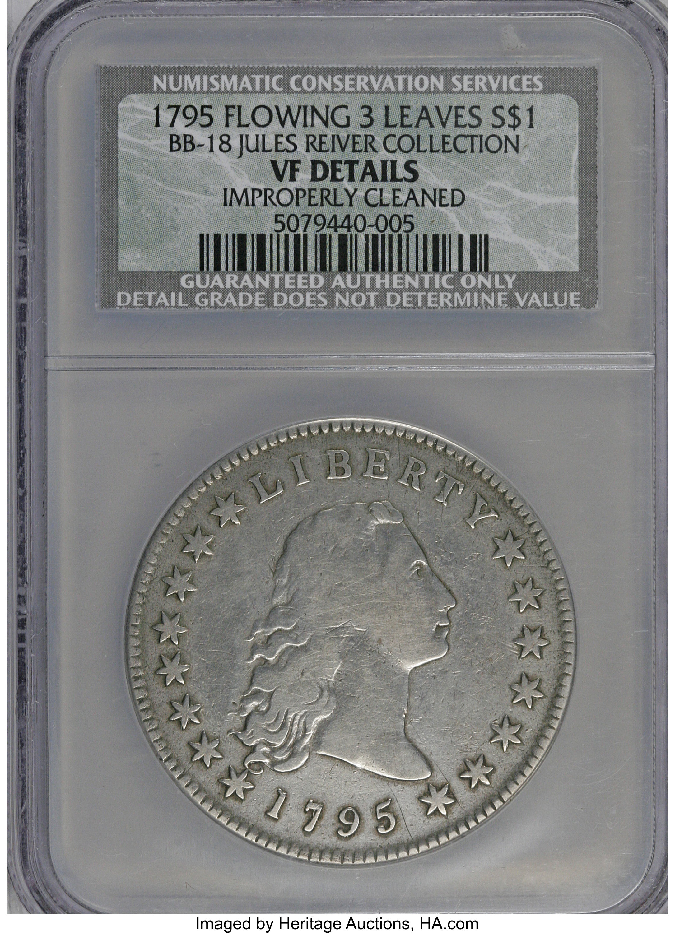 1795 $1  Flowing Hair, Silver Plug, 3 Leaves, B-7, BB-18 VG8 CAC thumbnail 10