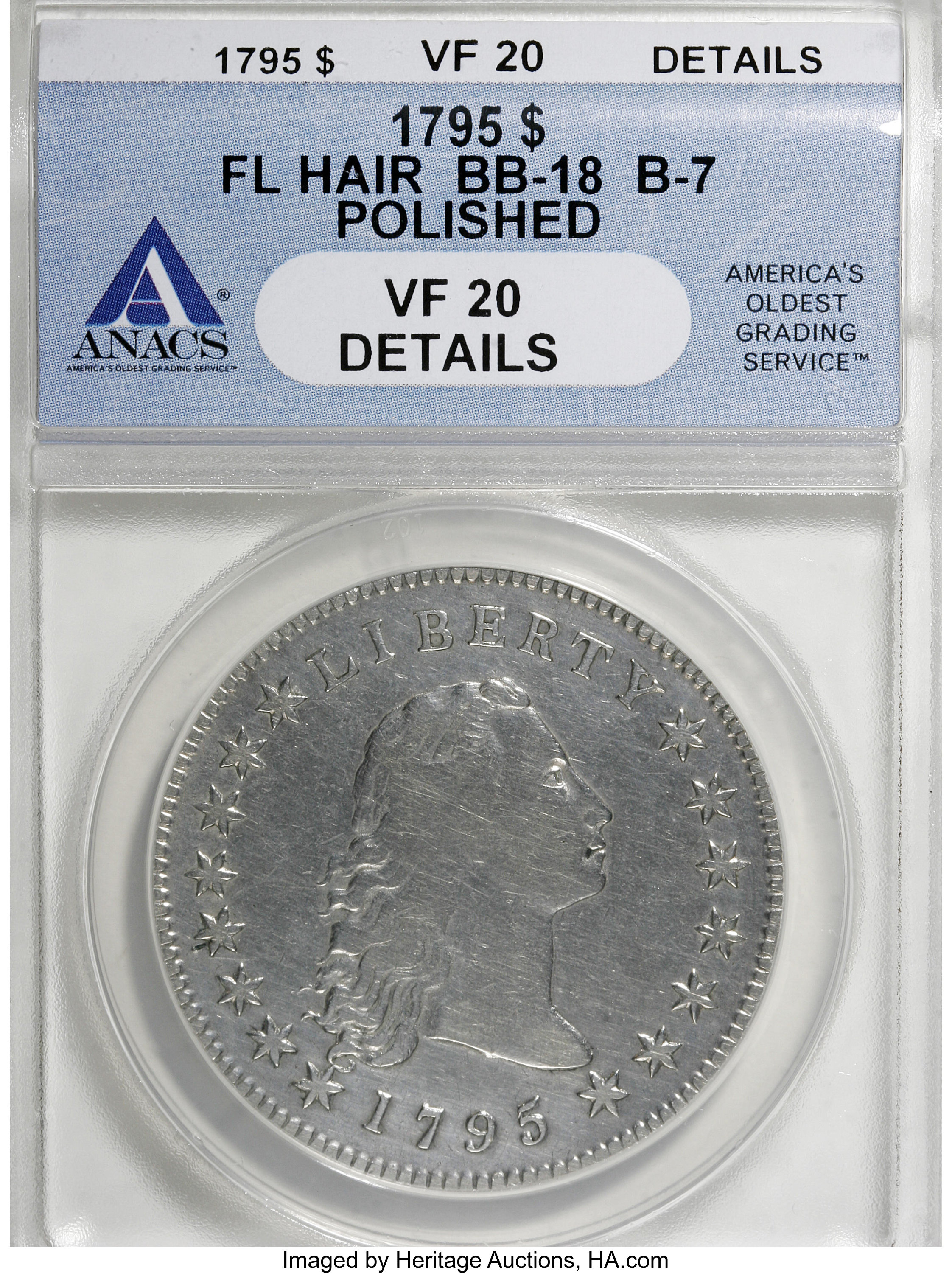 1795 $1  Flowing Hair, Silver Plug, 3 Leaves, B-7, BB-18 VG8 CAC thumbnail 14