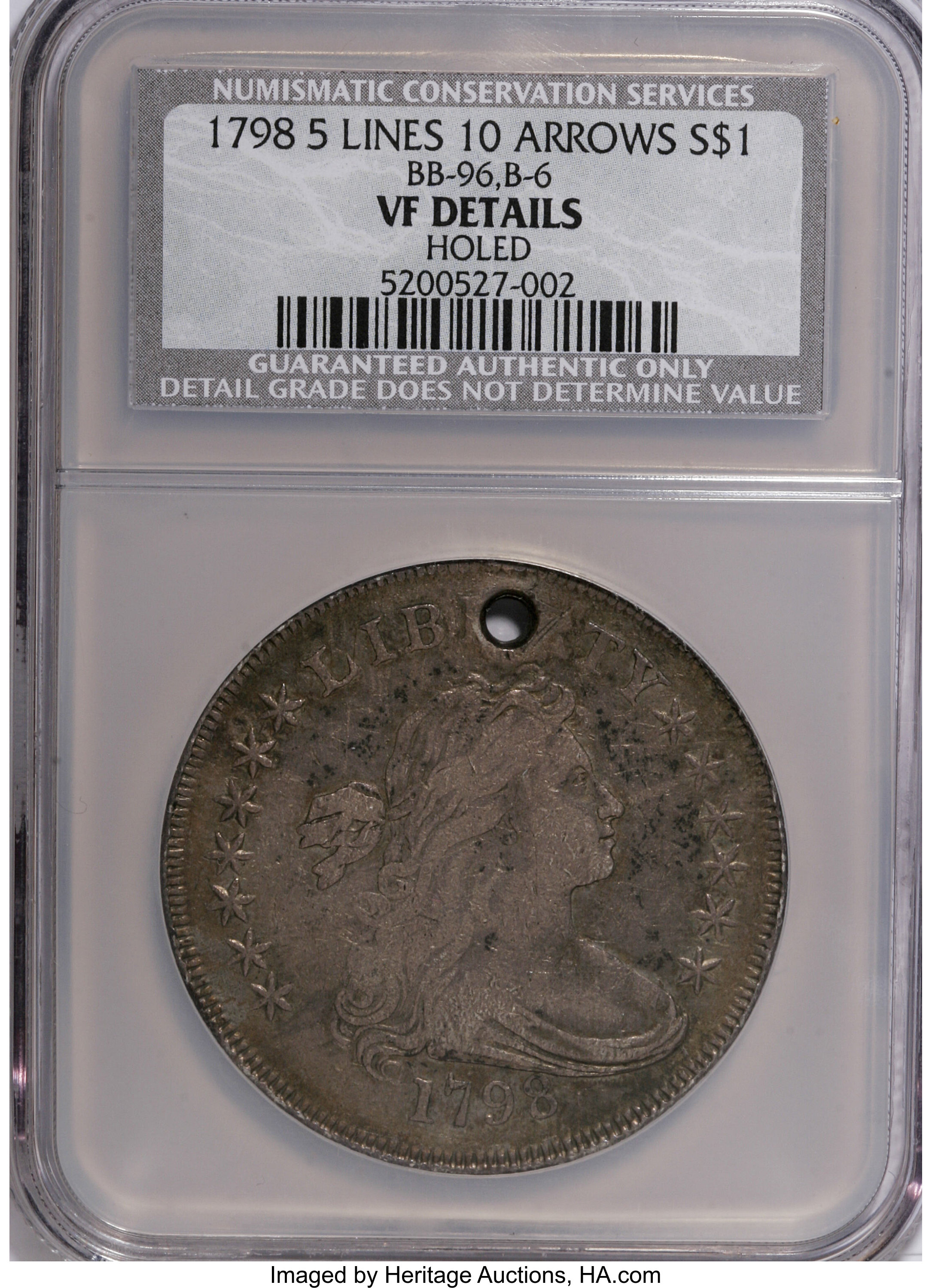 1798 $1 Knob 9, 5 Vertical Lines, 10 Arrows--Holed--NCS. VF Details. B-6, BB-96, R.3. NGC Census: (0/0). PCGS Populatio...
