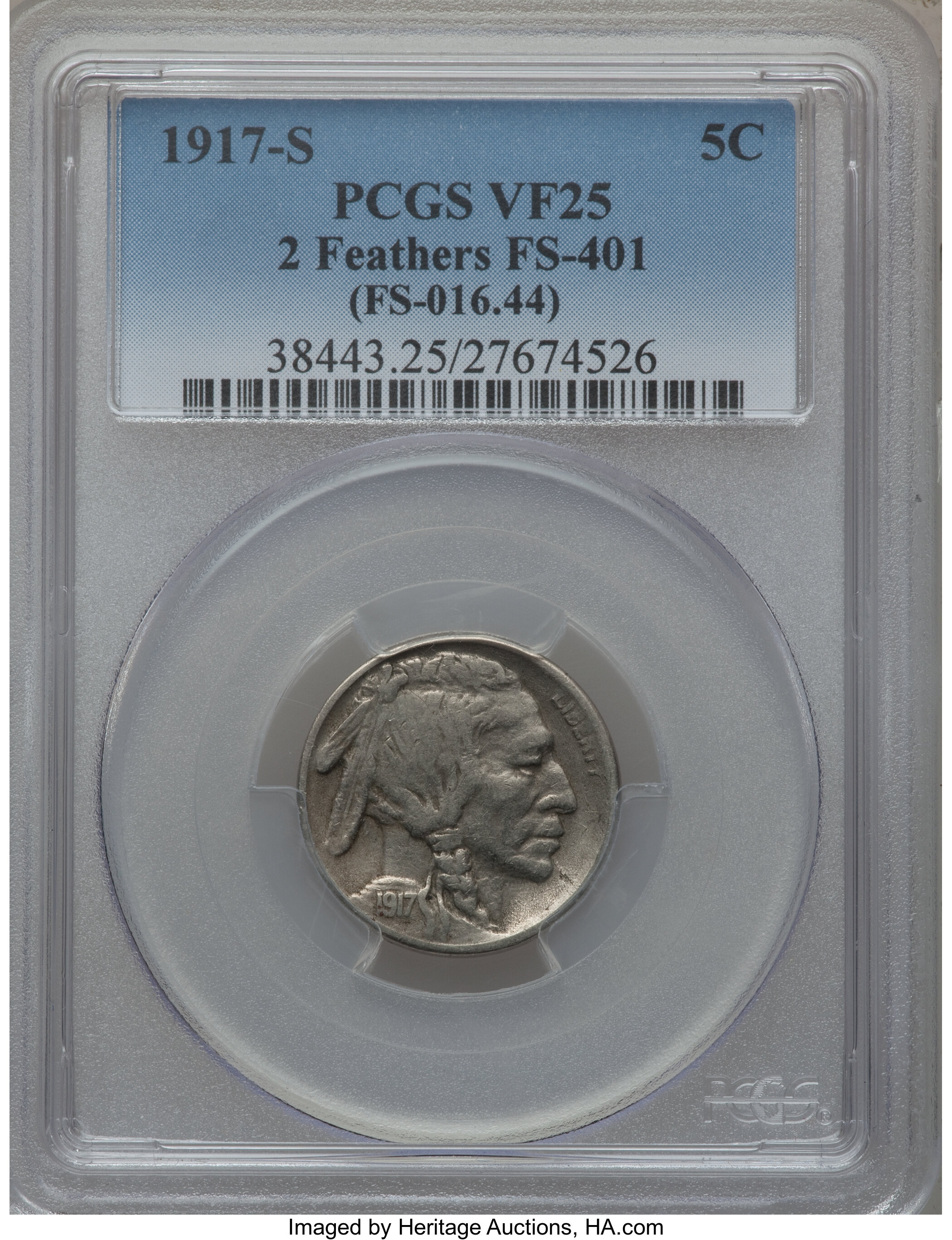 1917-S 5C Two Feathers, FS-401 VF25 PCGS. (FS-016.44). PCGS Population (2/7). NGC Census: (0/0)....