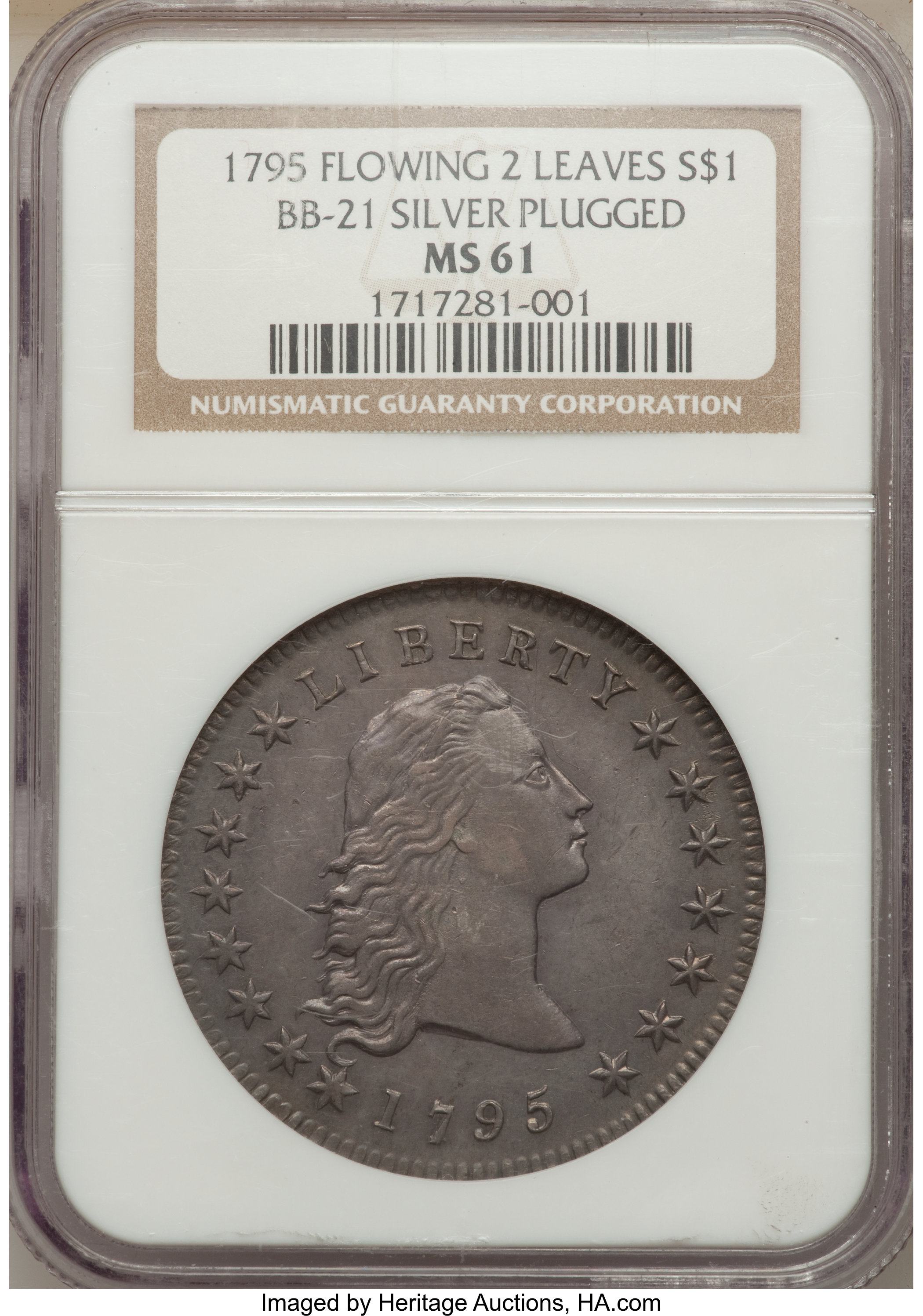 1795 $1  Flowing Hair, Silver Plug AU58 thumbnail 6