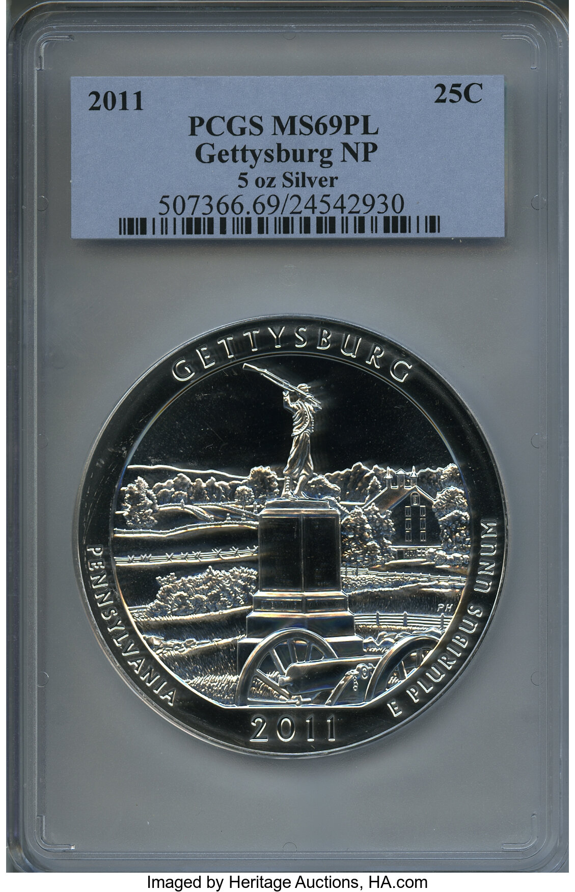 2011 25C Gettysburg National Park Five Ounce Silver MS69 Prooflike PCGS. PCGS Population (2023/0). NGC Census: (0/0). The...