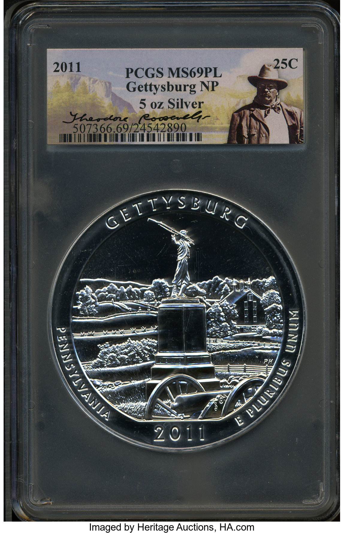 2011 25C Gettysburg National Park Five Ounce Silver MS69 Prooflike PCGS. PCGS Population (2023/0). NGC Census: (0/0). The...
