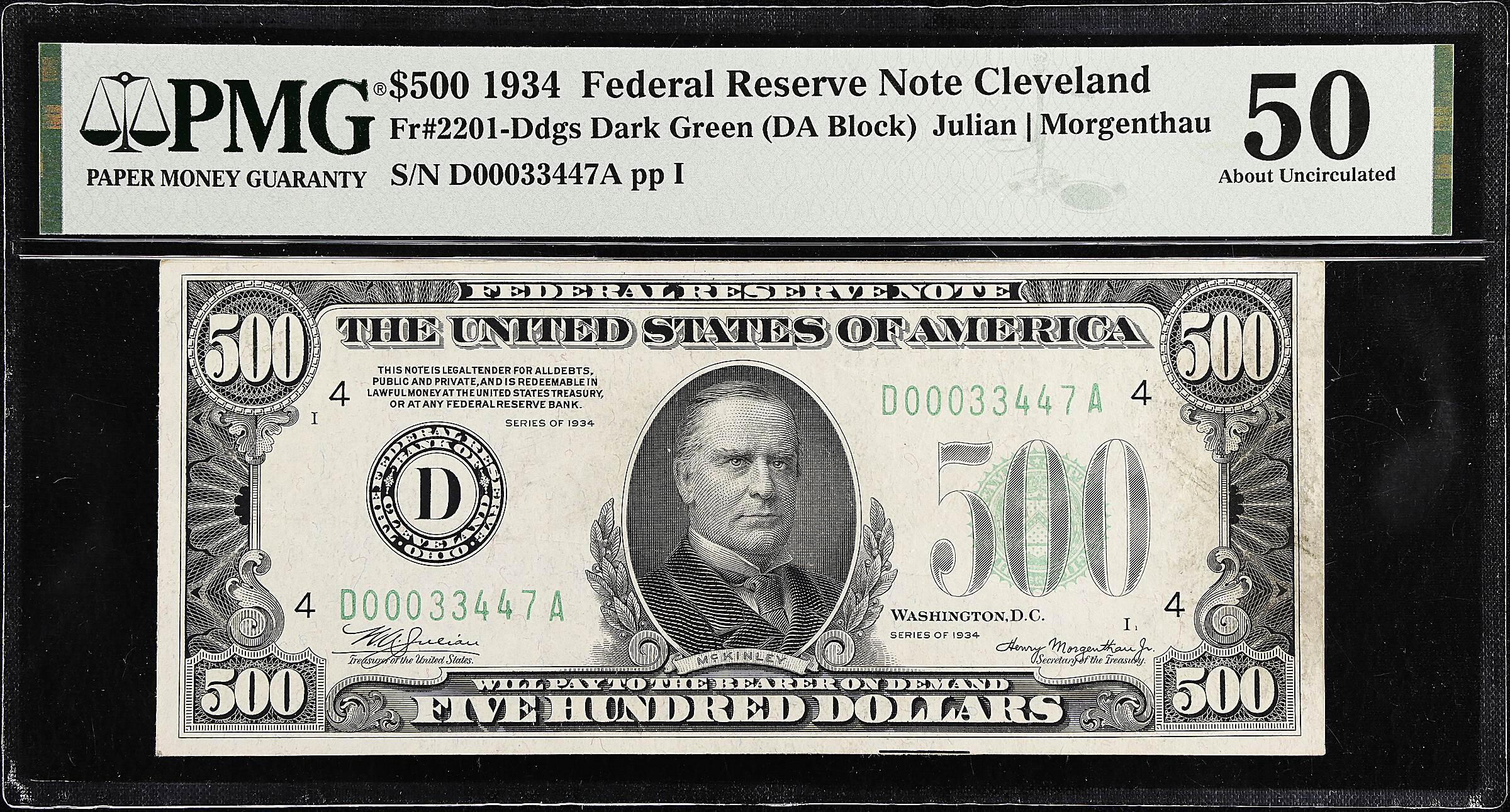 Fr. 2201-Ddgs. 1934 Dark Green Seal $500 Federal Reserve Note. Cleveland. PMG About Uncirculated 50.