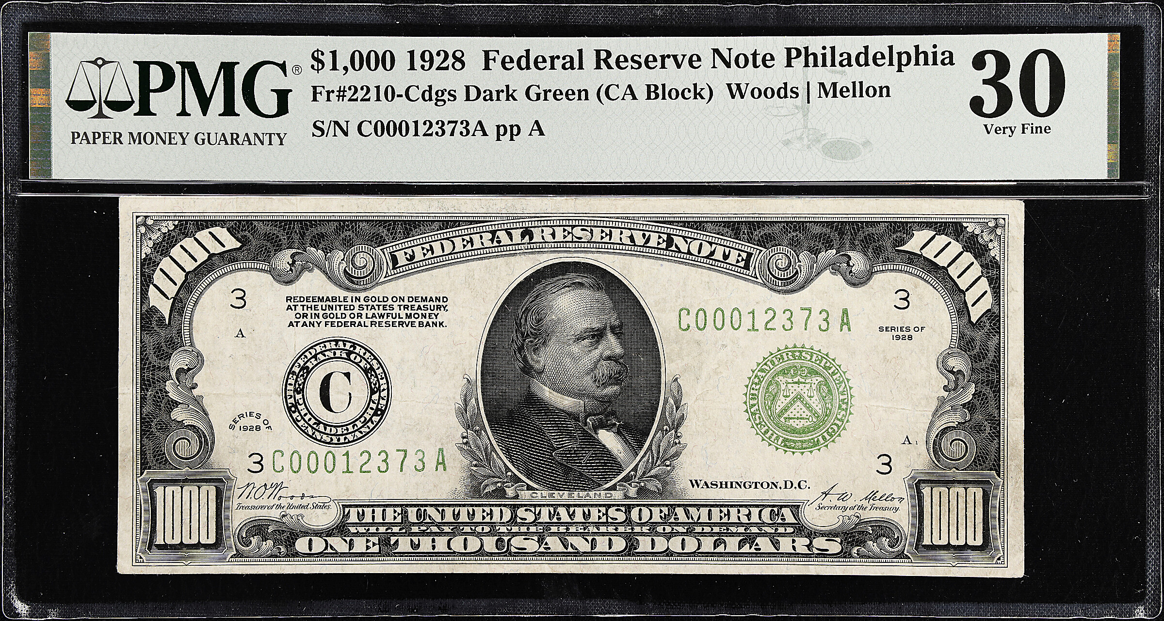 Fr. 2210-Cdgs. 1934 Dark Green Seal $1000 Federal Reserve Note. Philadelphia. PMG Very Fine 30.