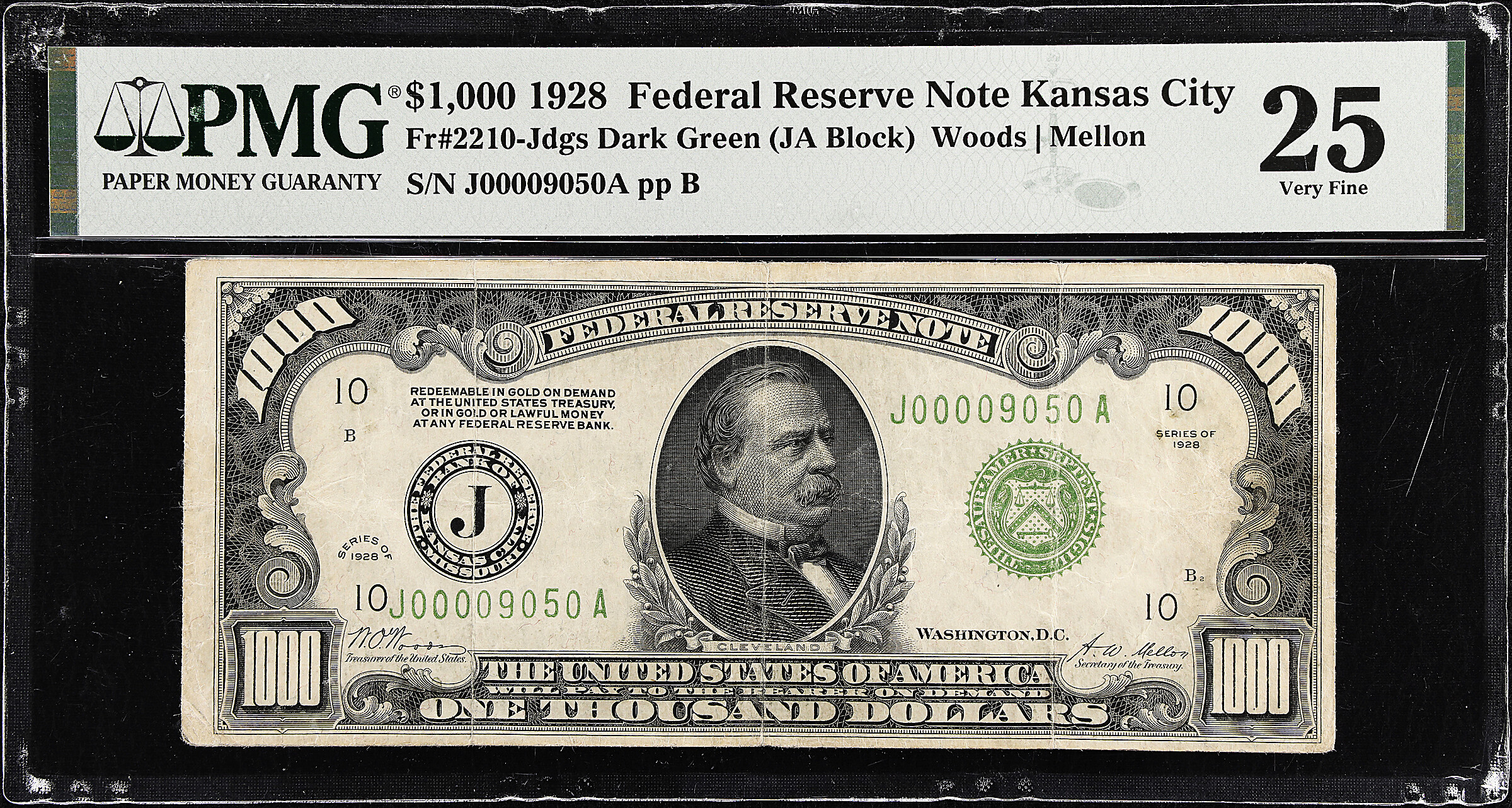 Fr. 2210-Jdgs. 1928 Dark Green Seal $1000 Federal Reserve Note. Kansas City. PMG Very Fine 25.