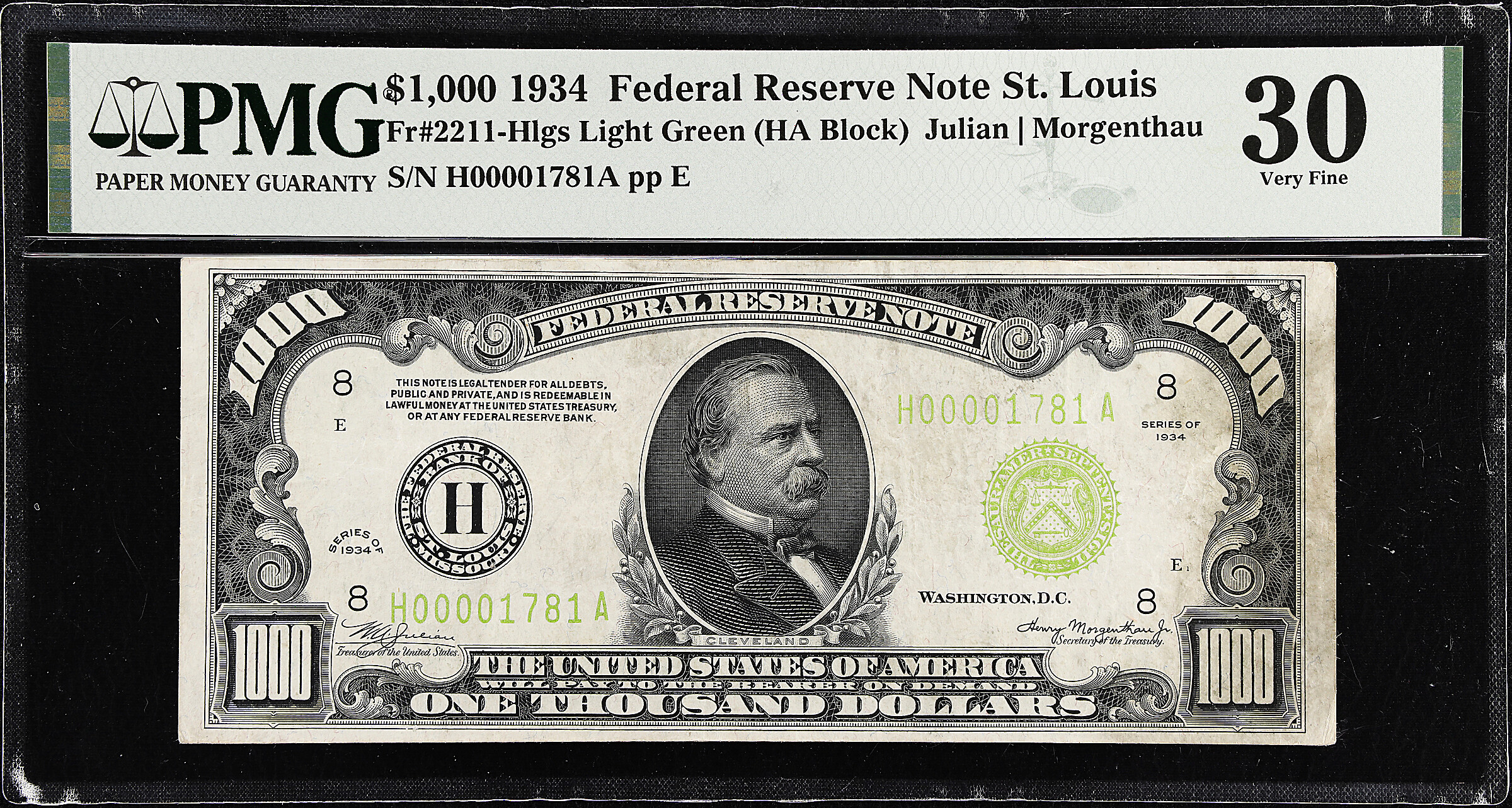 Fr. 2211-Hlgs. 1934 Light Green Seal $1000 Federal Reserve Note. St. Louis. PMG Very Fine 30.