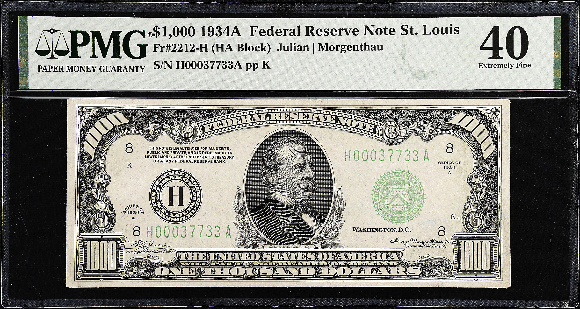 Fr. 2212-H. 1934A $1000 Federal Reserve Note. St. Louis. PMG Extremely Fine 40.