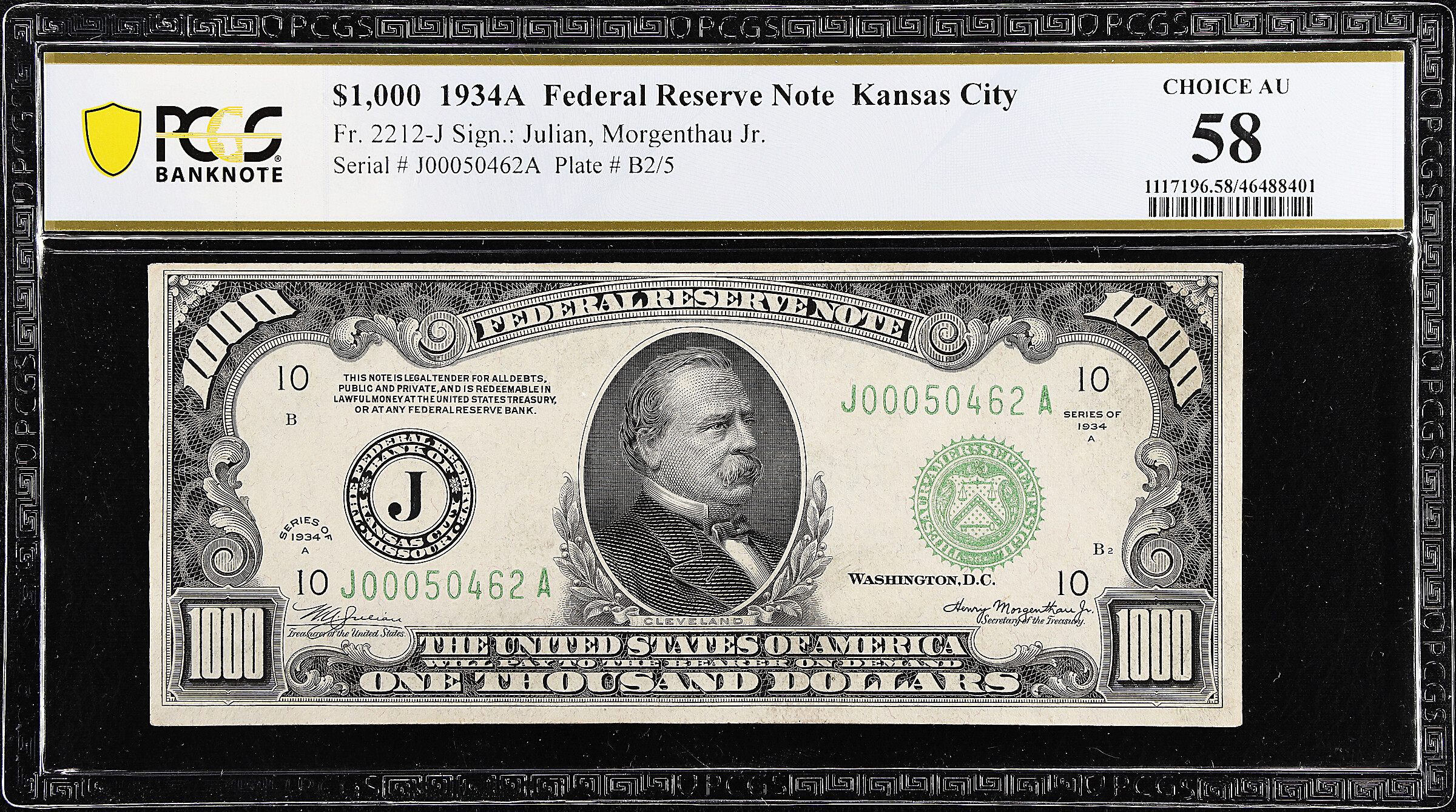 Fr. 2212-J. 1934A $1000 Federal Reserve Note. Kansas City. PCGS Banknote Choice About Uncirculated 58.
