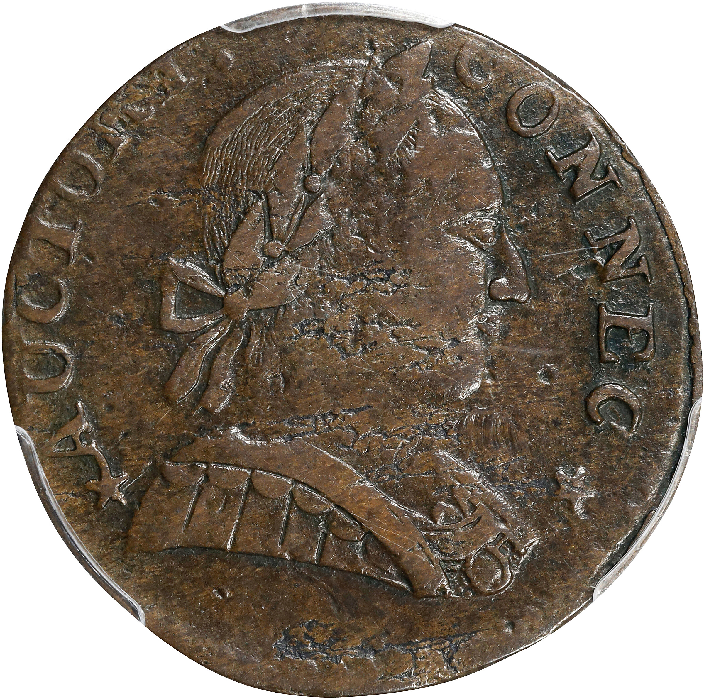 1788 Connecticut Copper. Miller 2-D, W-4405. Rarity-1. Mailed Bust Right. VF-25 (PCGS).
