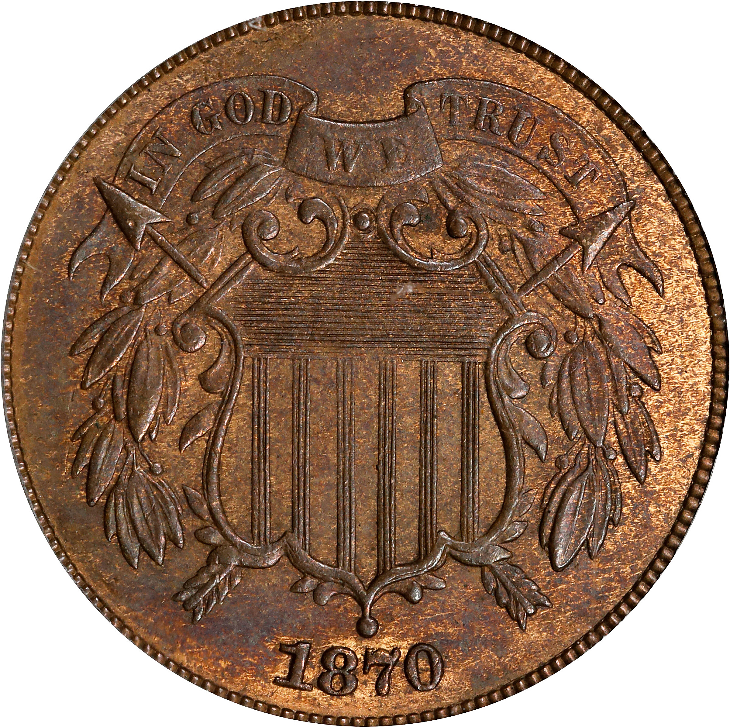 1870 Two-Cent Piece. MS-63 RB (PCGS).