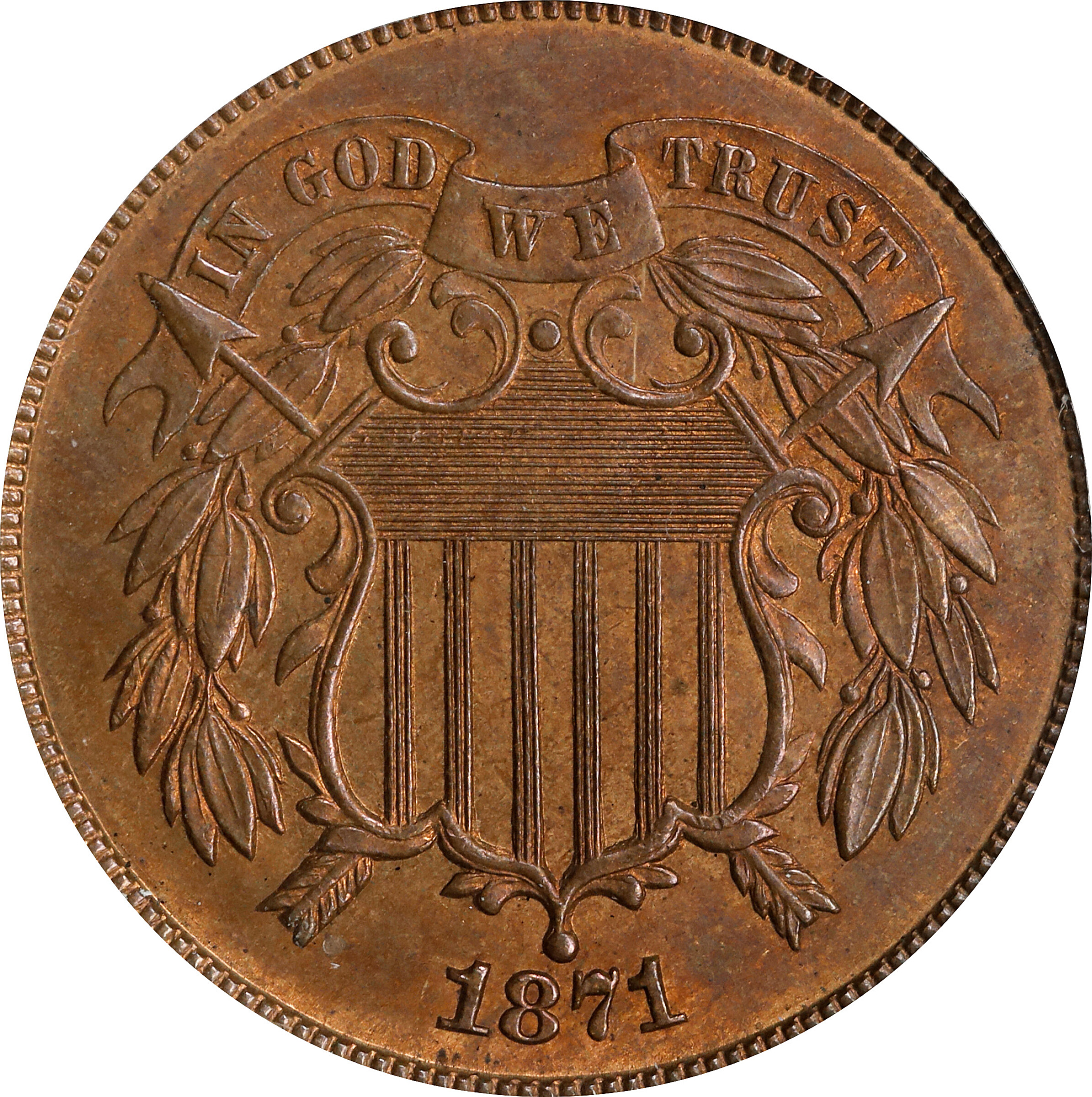 1871 Two-Cent Piece. MS-64 RB (PCGS).