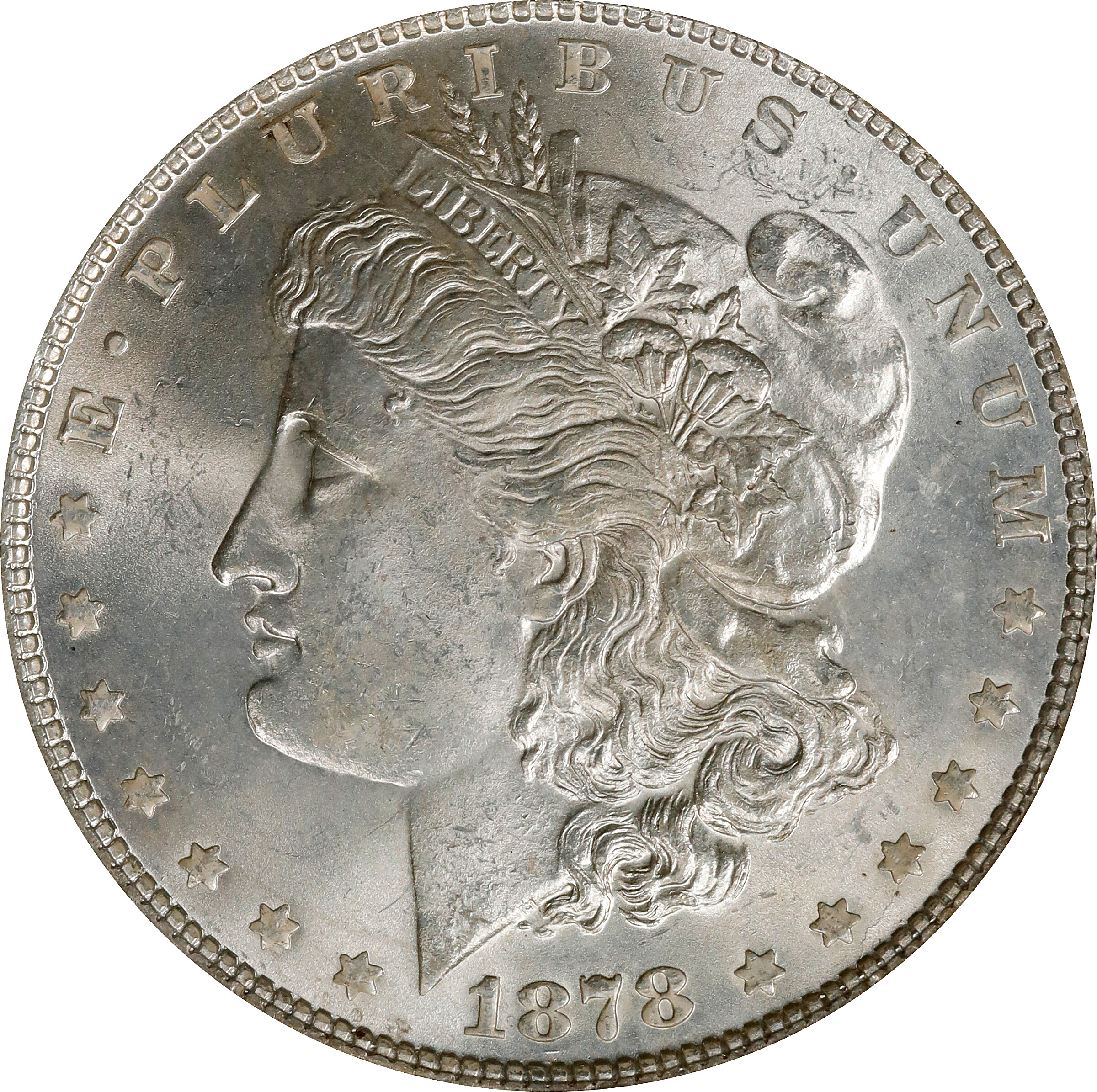 1878 Morgan Silver Dollar. 7 Tailfeathers. Reverse of 1878. VAM-84. Line Under 8. MS-64 (NGC).