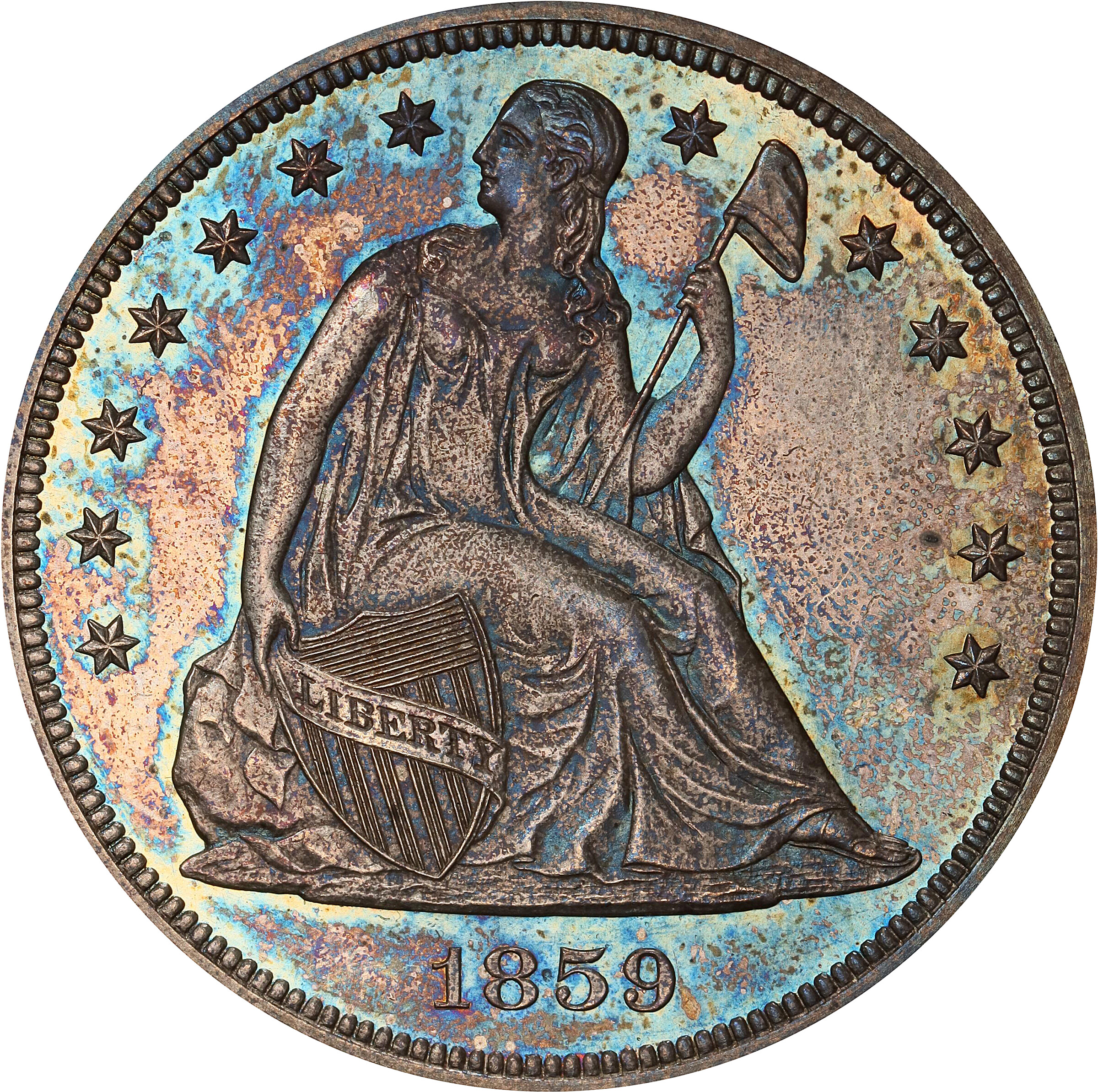 1859 Liberty Seated Silver Dollar. Proof-64+ (PCGS). CAC.