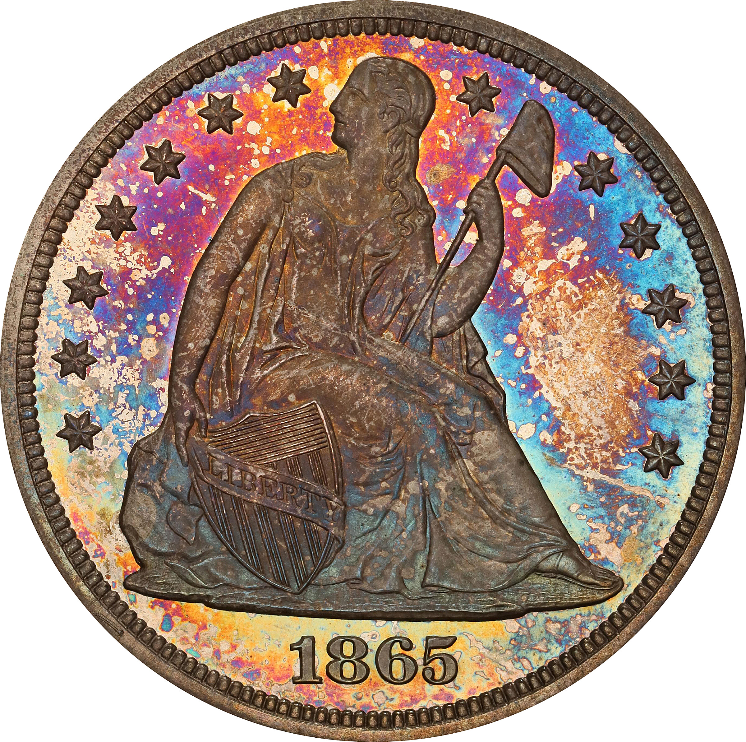 1865 Liberty Seated Silver Dollar. OC-P2. Top 30 Variety. Rarity-3. Doubled Die Obverse, Doubled Die Reverse. Proof-66+ (PCGS). CAC.