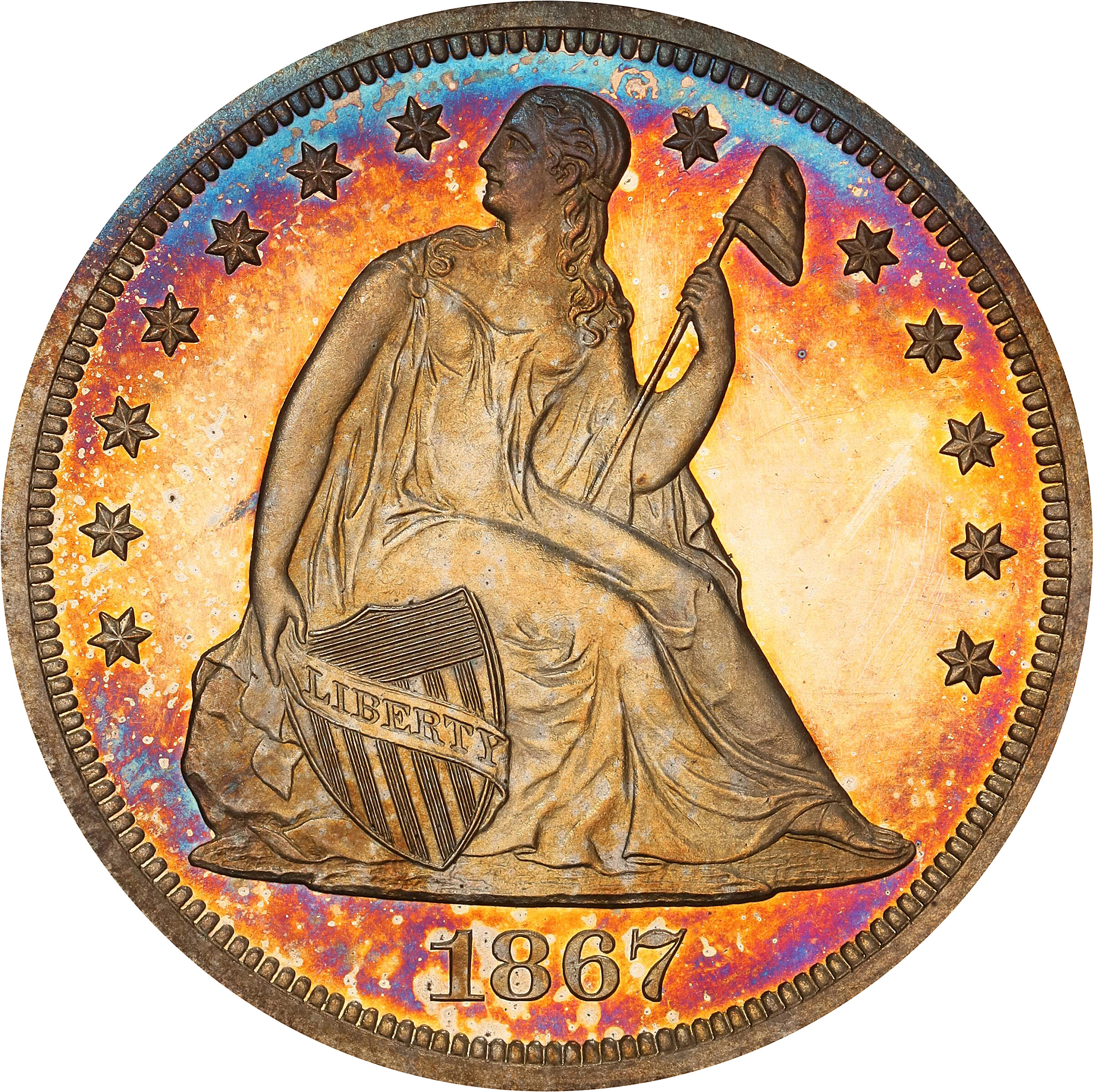 1867 Liberty Seated Silver Dollar. Proof-65+ Cameo (PCGS). CAC.