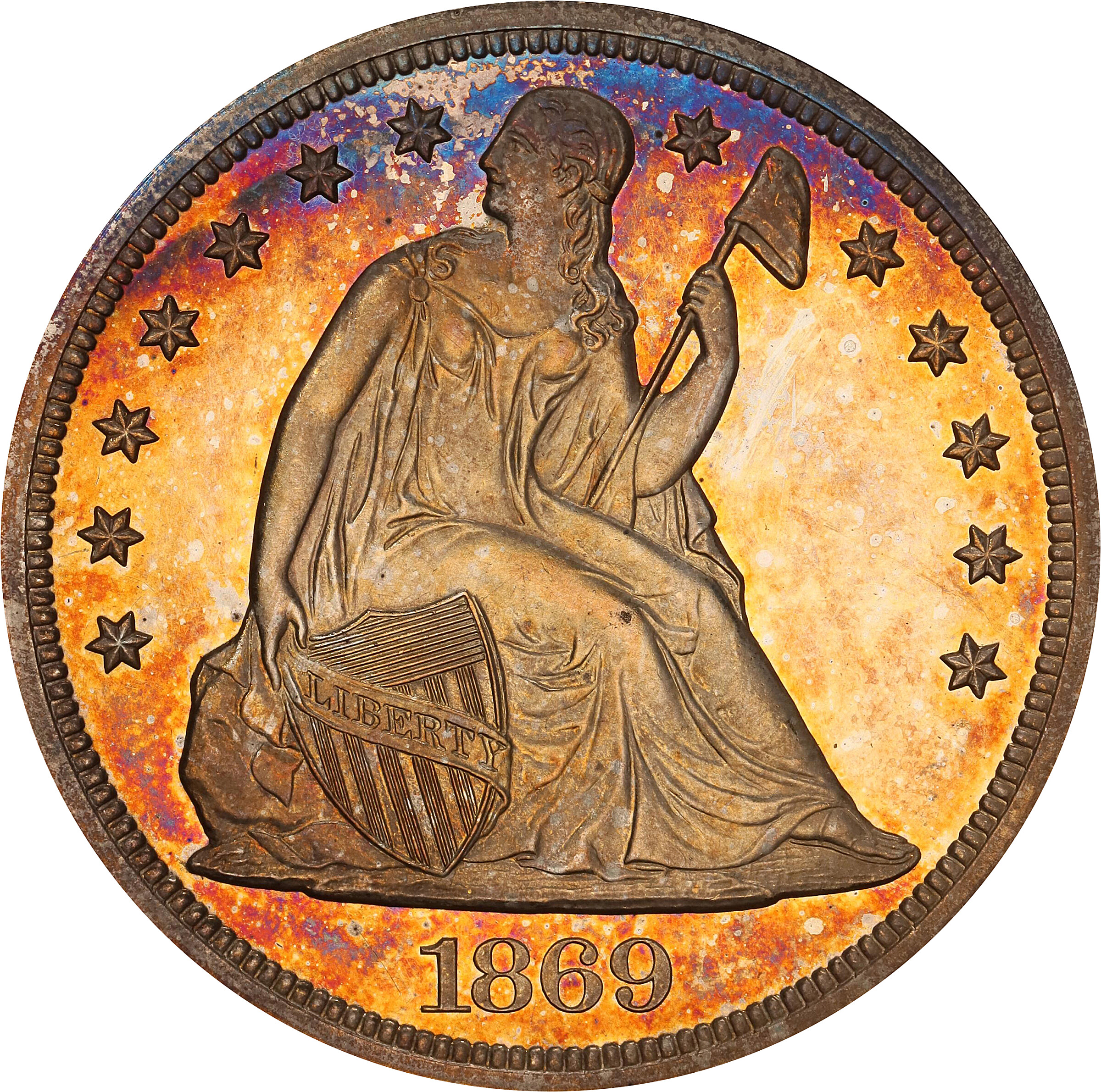 1869 Liberty Seated Silver Dollar. Proof-66 Cameo (PCGS). CAC.