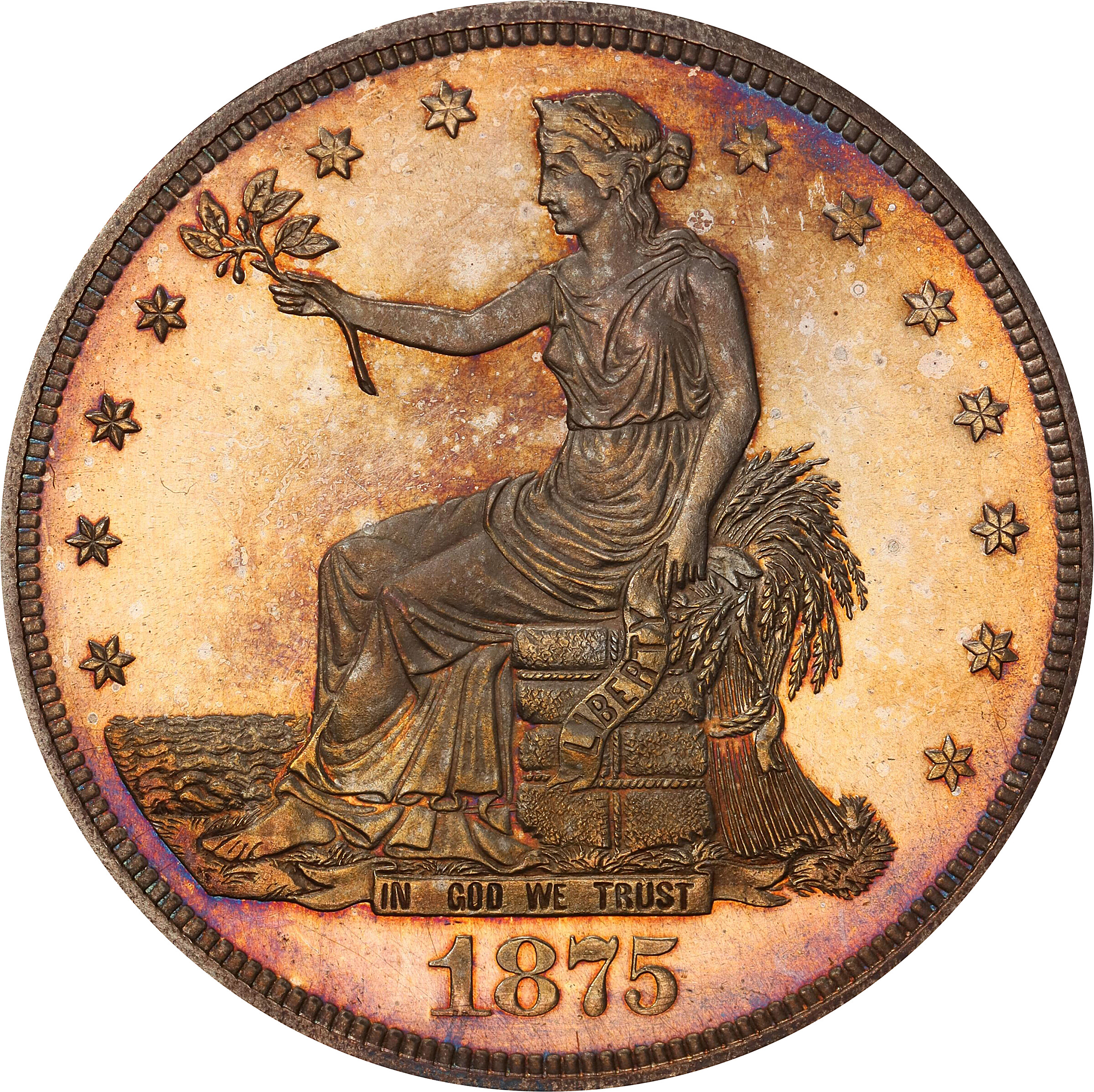 1875 Trade Dollar. Type I/II. Proof-65 Cameo (PCGS). CAC.