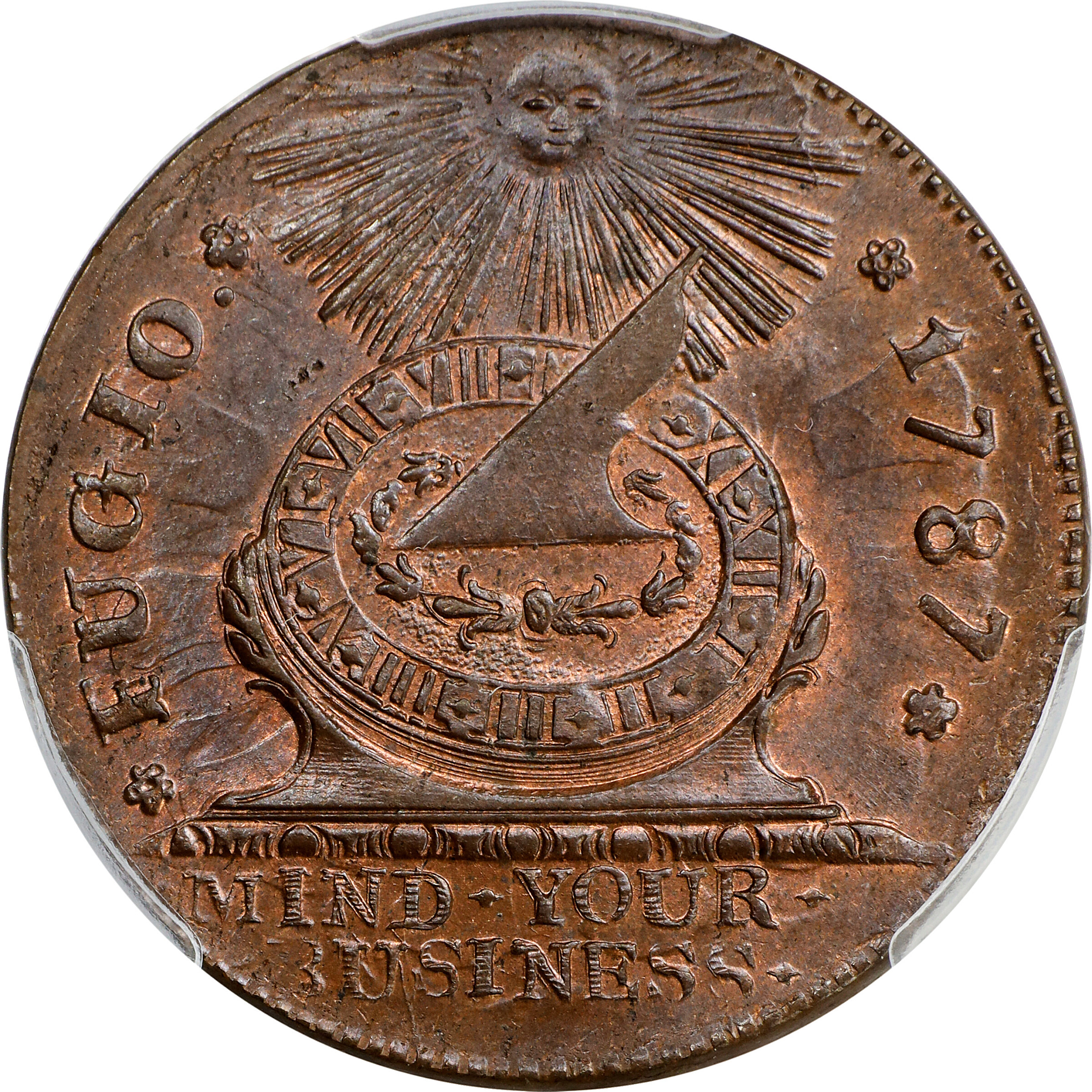 1787 Fugio Cent. Pointed Rays. Newman 13-X, W-6855. Rarity-1. STATES UNITED, 4 Cinquefoils. MS-66 BN (PCGS).
