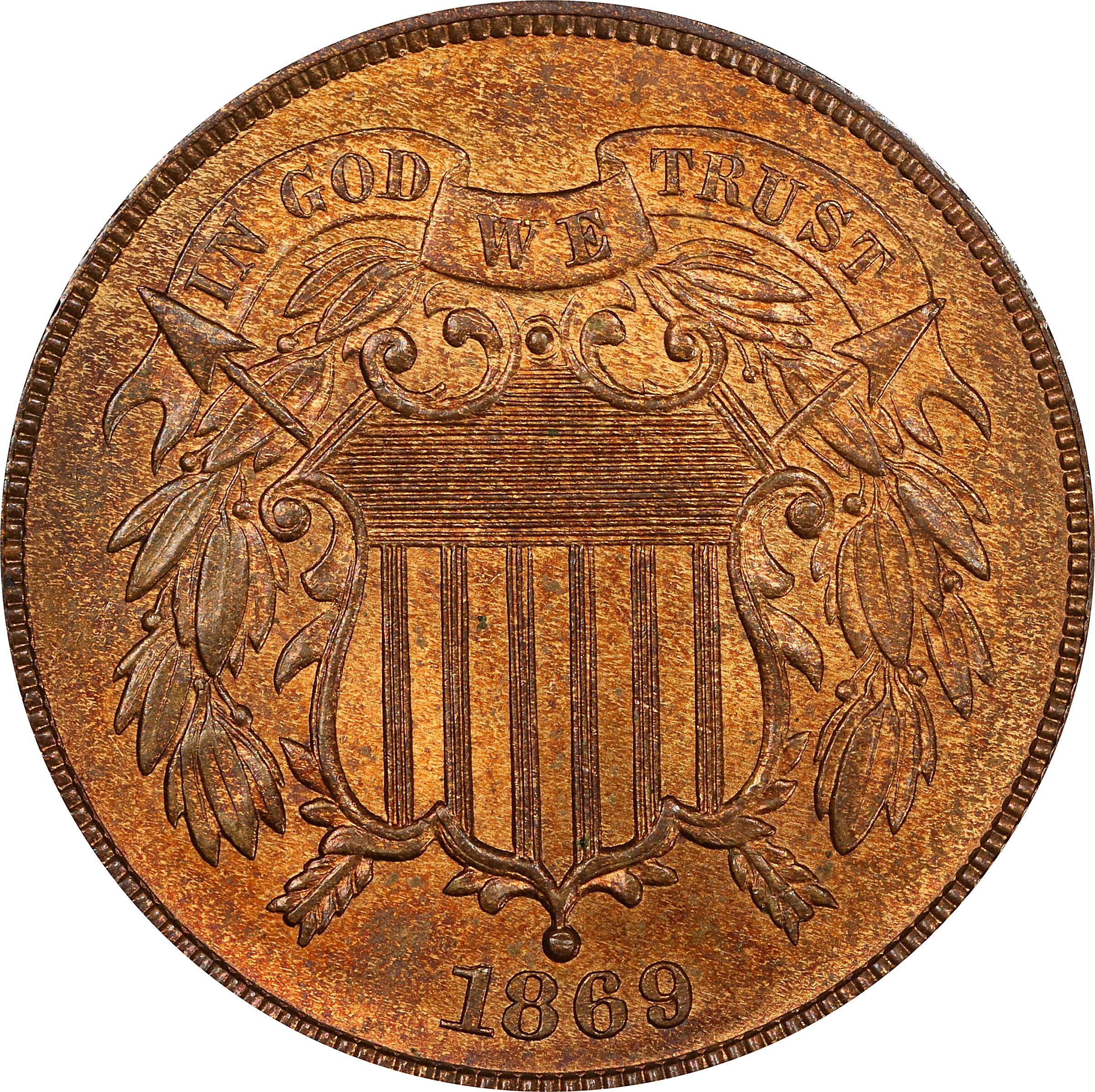 1869 Two-Cent Piece. MS-65 RB (PCGS). CAC.