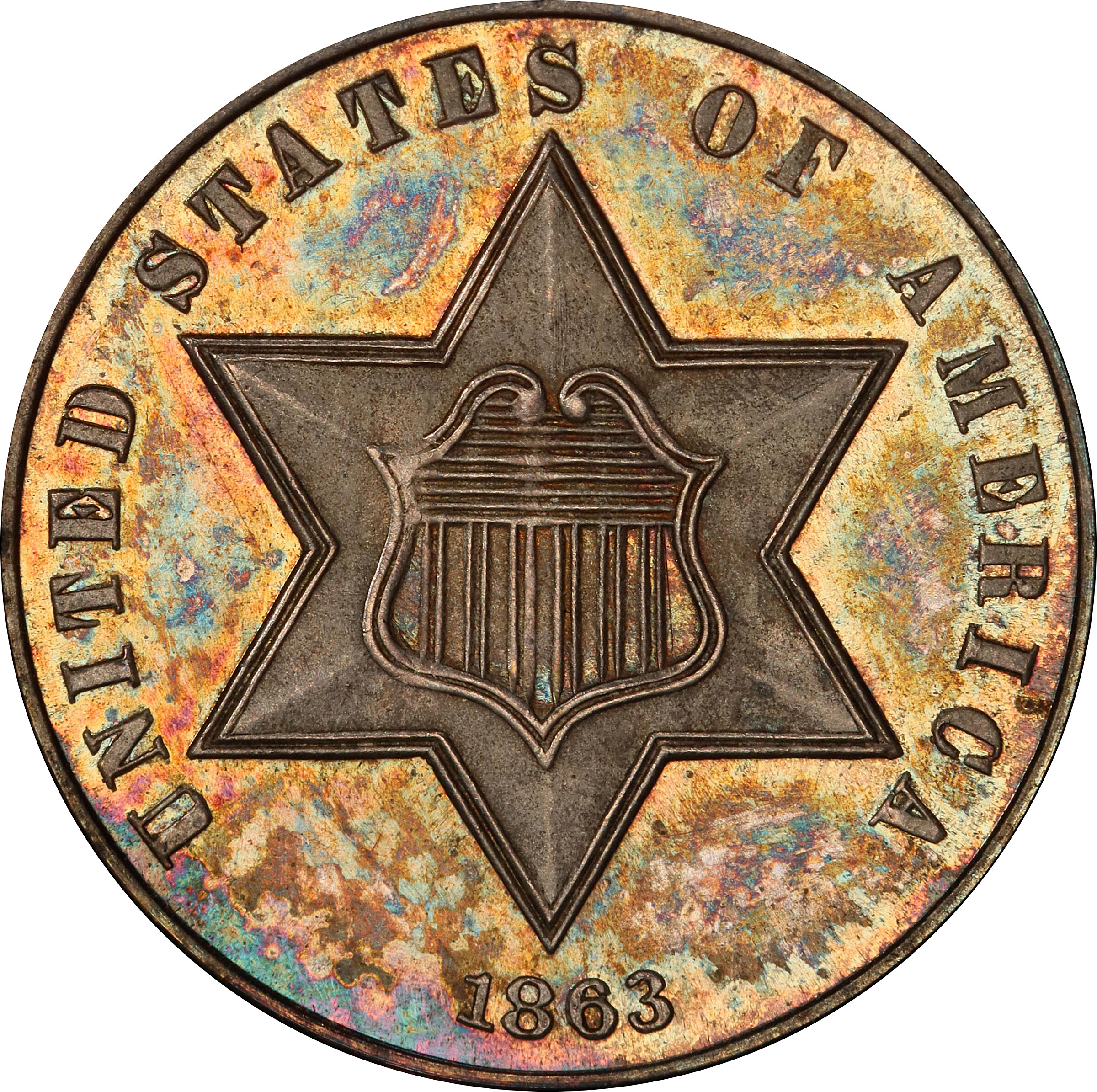 1863 Silver Three-Cent Piece. Proof-66 Cameo (PCGS). CAC.