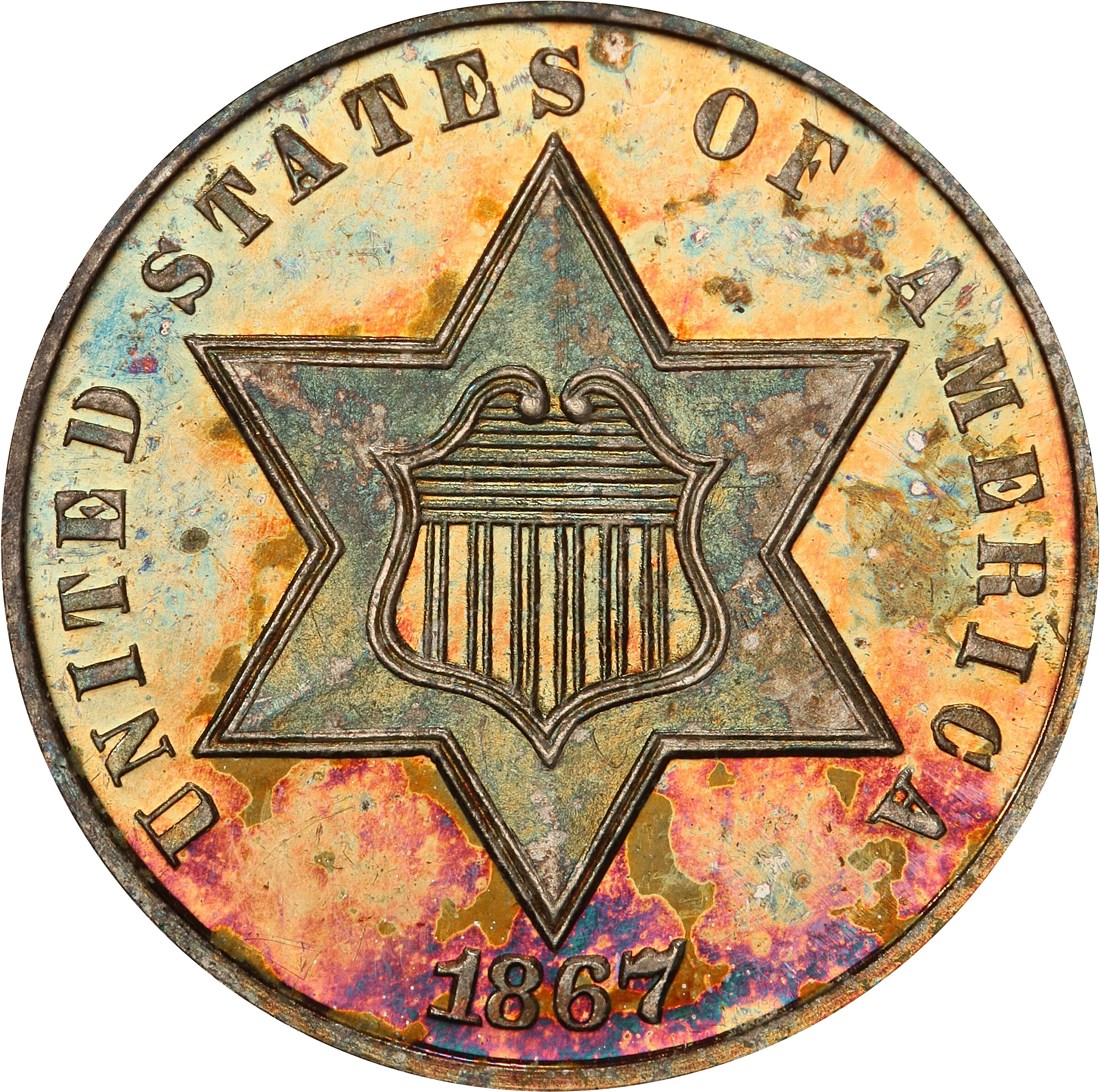 1867 Silver Three-Cent Piece. Proof-66+ Cameo (PCGS).