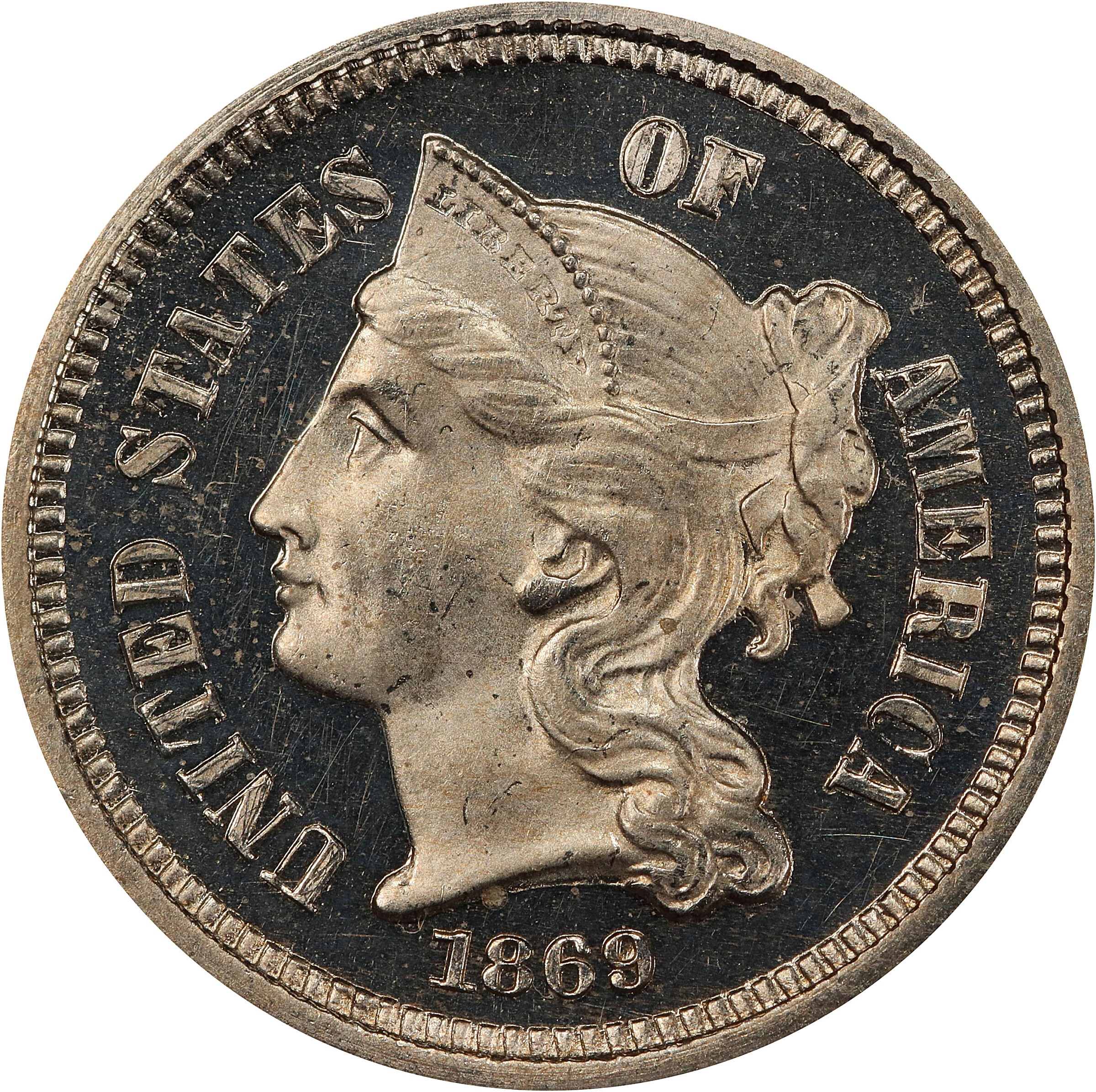 1869 Nickel Three-Cent Piece. Proof-64+ Deep Cameo (PCGS). CAC.
