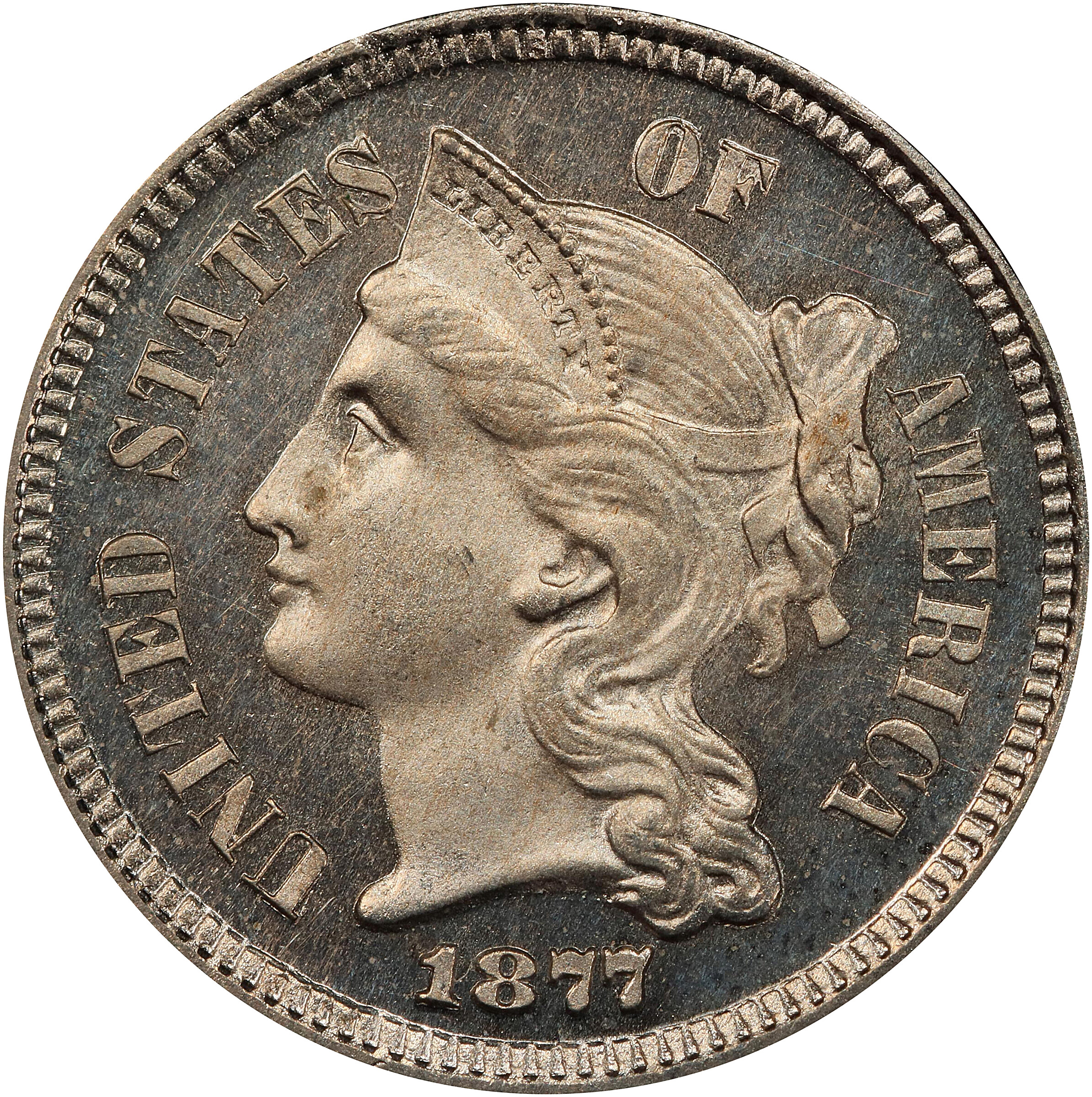 1877 Nickel Three-Cent Piece. Proof-64 Cameo (PCGS). CAC.
