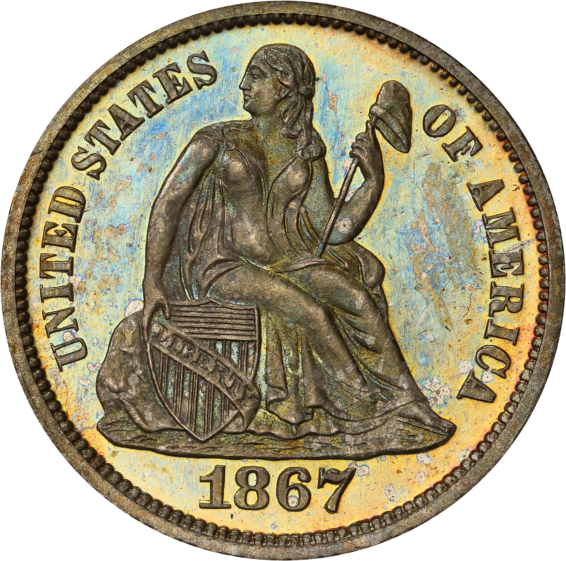 1867 Liberty Seated Dime. Proof-66+ (PCGS). CAC.