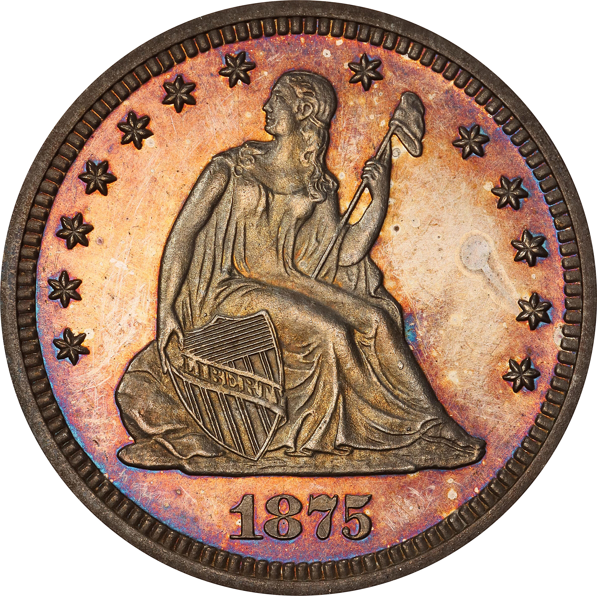 1875 Liberty Seated Quarter. Proof-65 Cameo (PCGS).