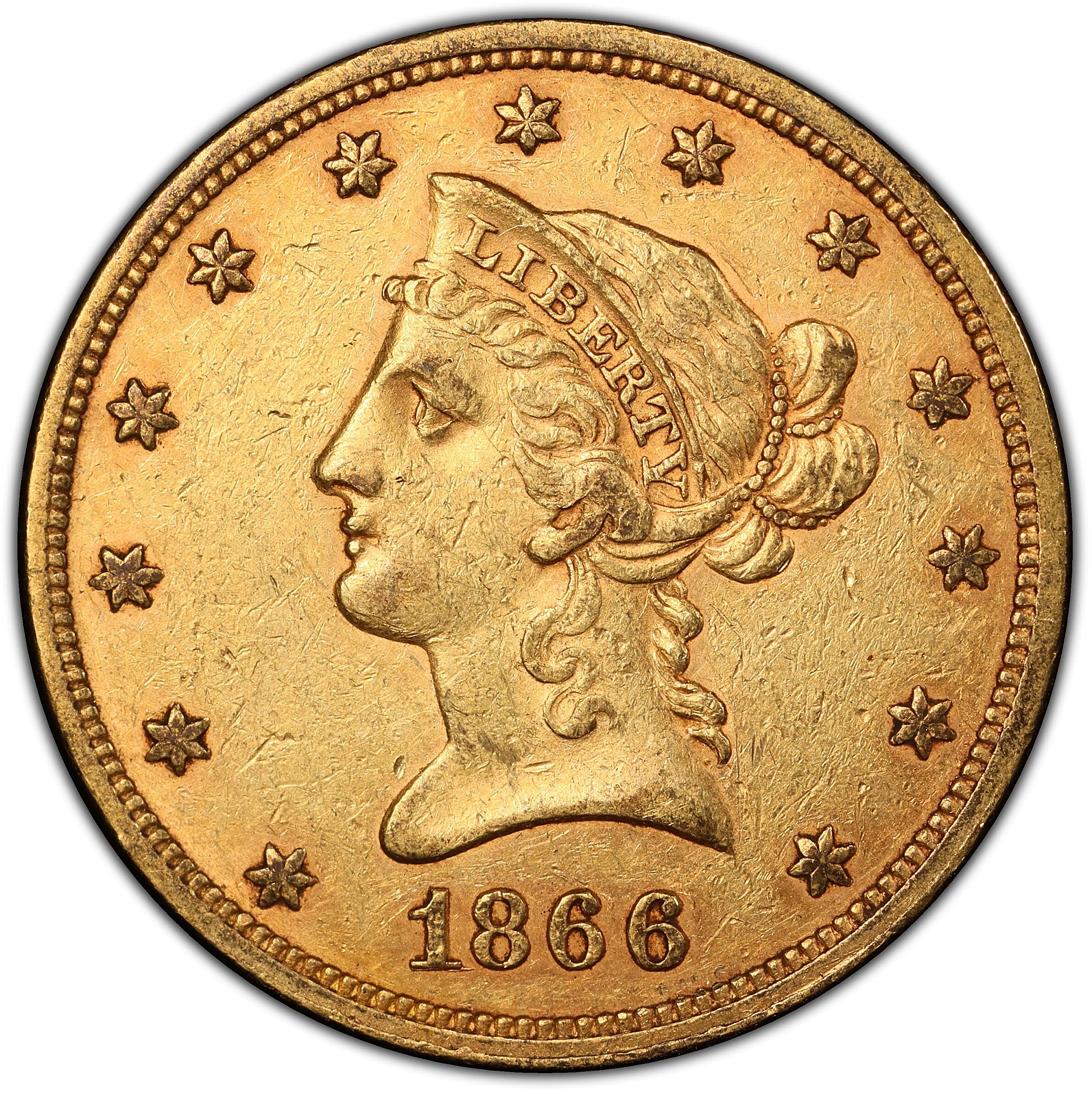 1866 Liberty Head Eagle. Repunched Date. AU-55 (PCGS).