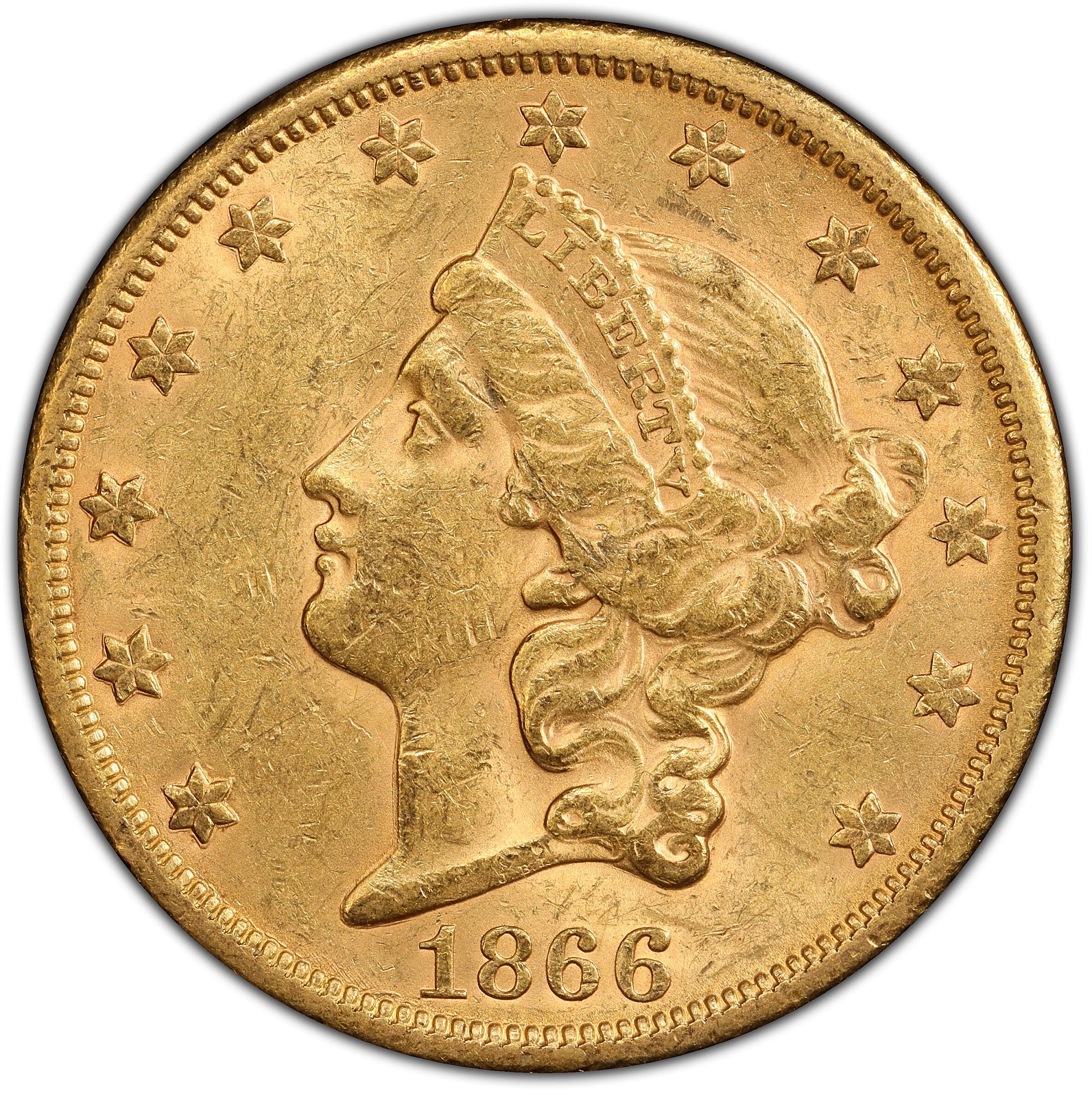1866-S Liberty Head Double Eagle. Motto. MS-61 (PCGS).