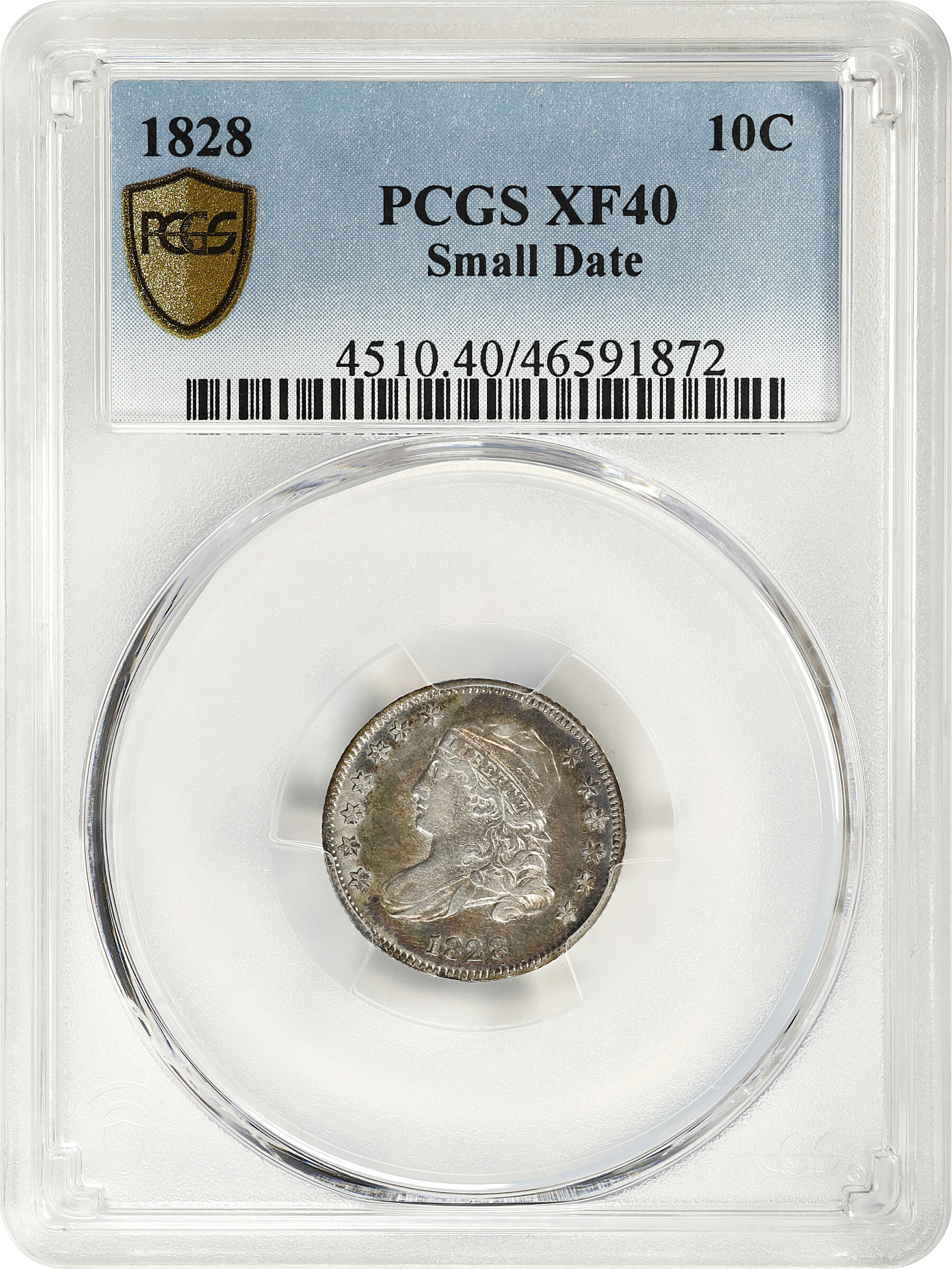 1828 10c Small Planchet, Small Date XF40 CAC thumbnail 3