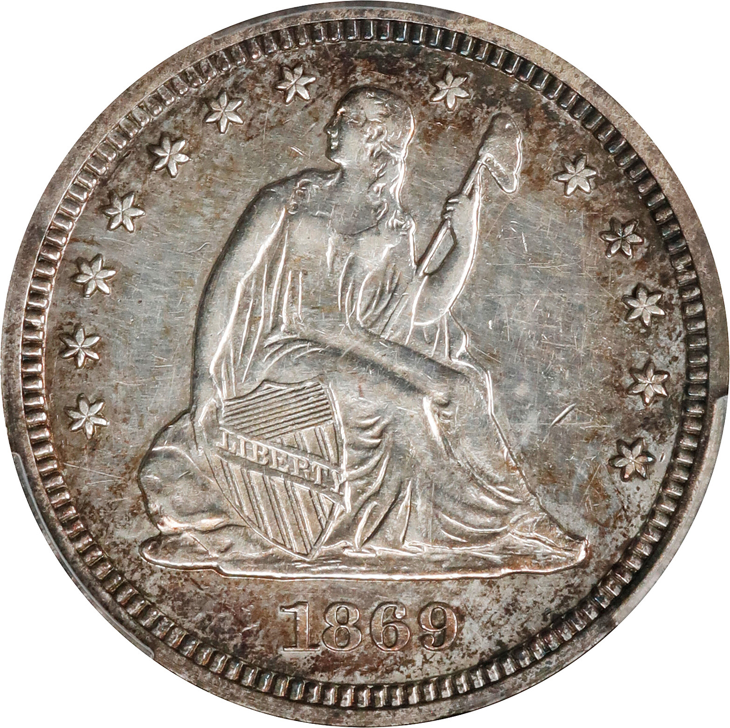 1869 Liberty Seated Quarter. Proof-58 (PCGS).