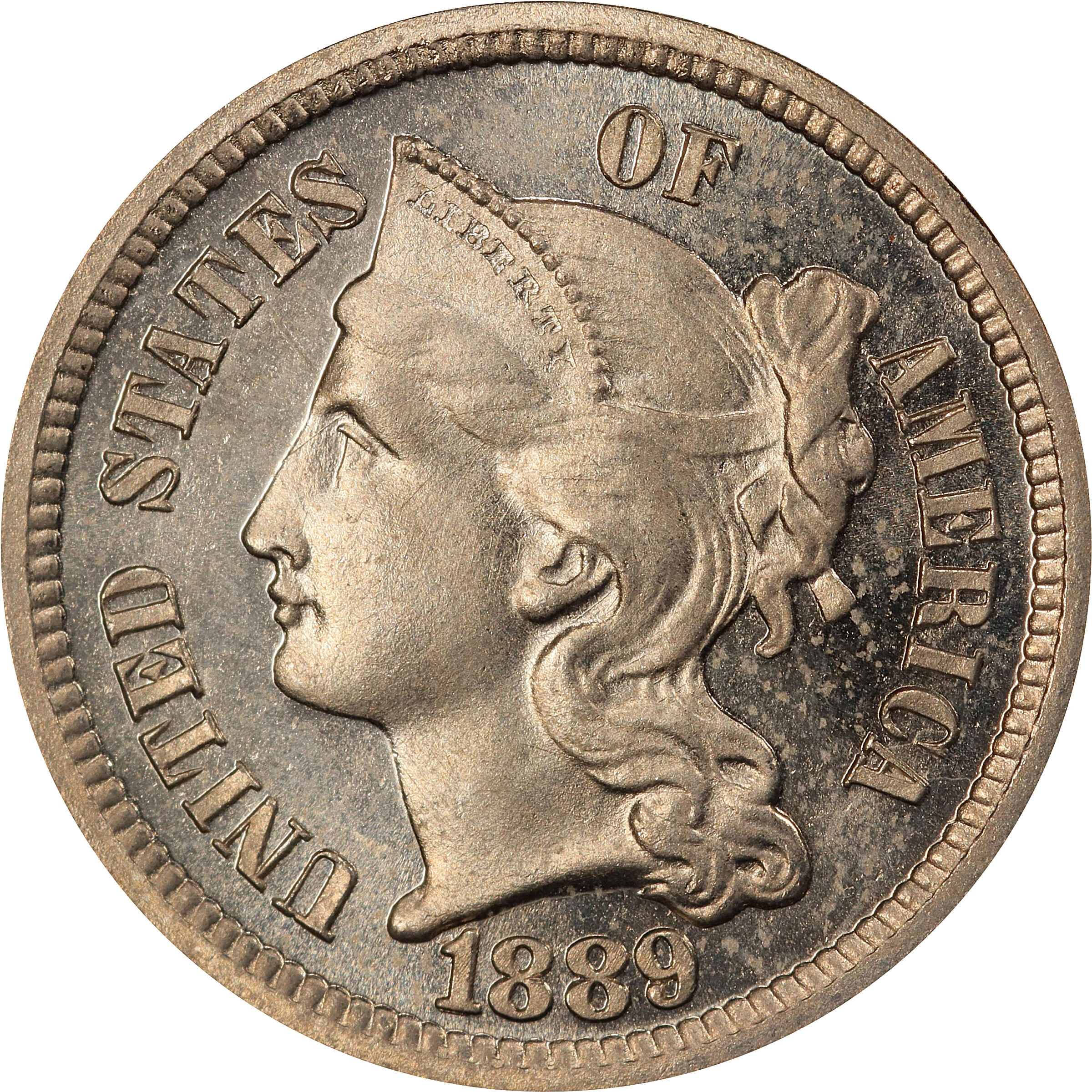 1889 Nickel Three-Cent Piece. Proof-64 Cameo (PCGS).