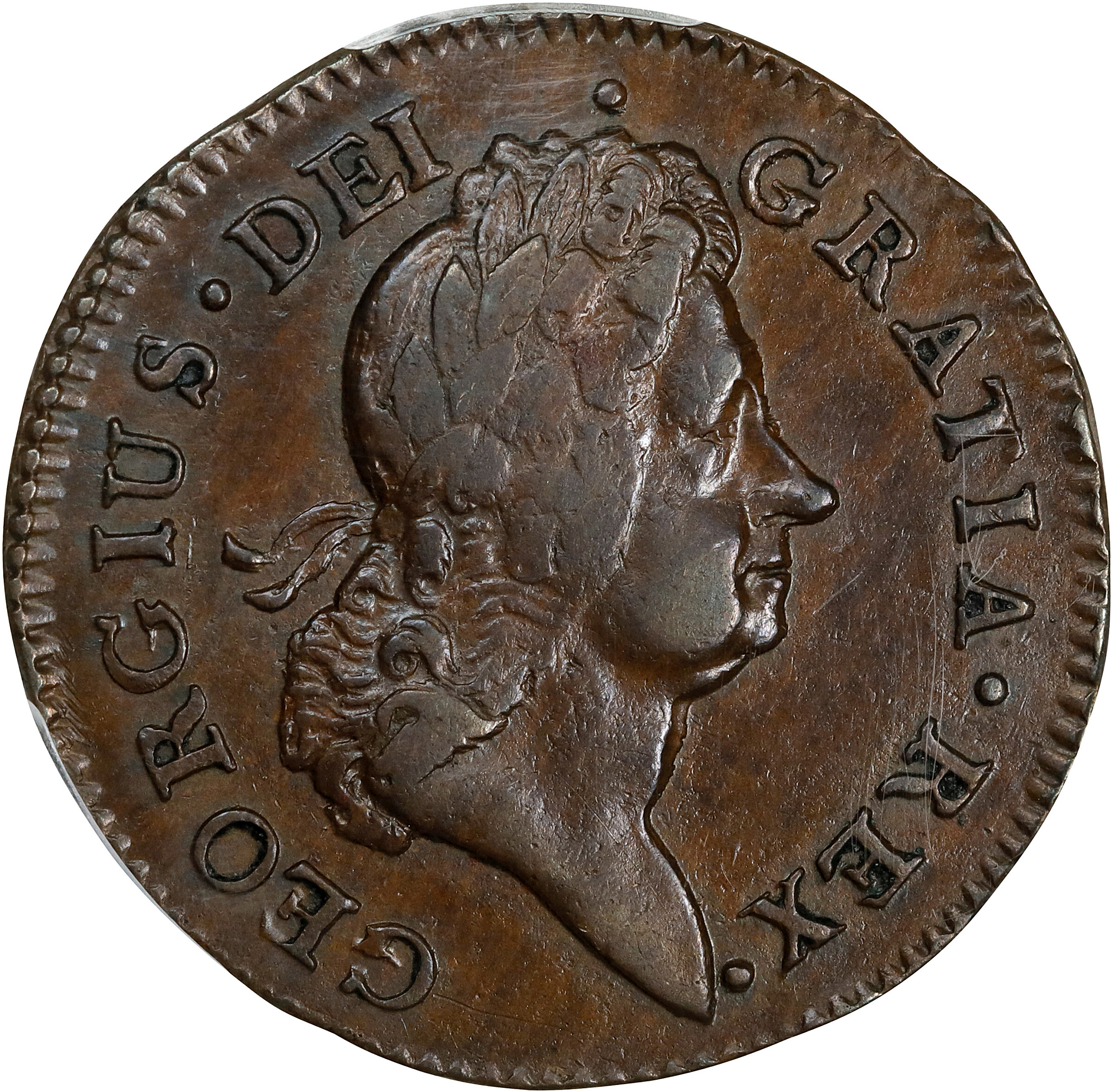 1722 Wood's Hibernia Halfpenny. Martin 3.2-Bb.3, W-12690. Rarity-4. First Type, Harp at Left. AU-53 (PCGS).