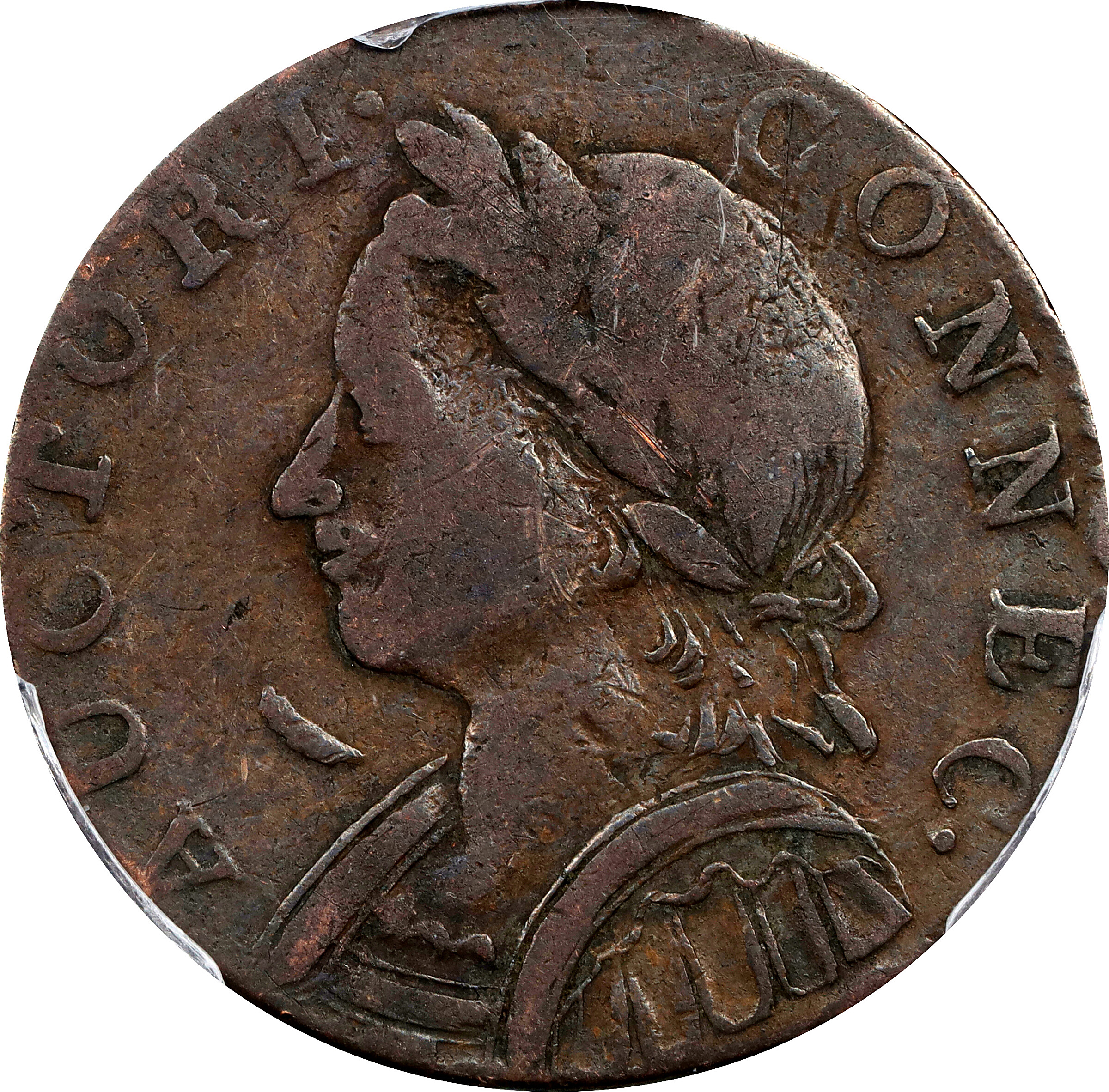 1787 Connecticut Copper. Miller 4-L, W-2810. Rarity-1. Mailed Bust Left, Horned Bust. VF-20 (PCGS).
