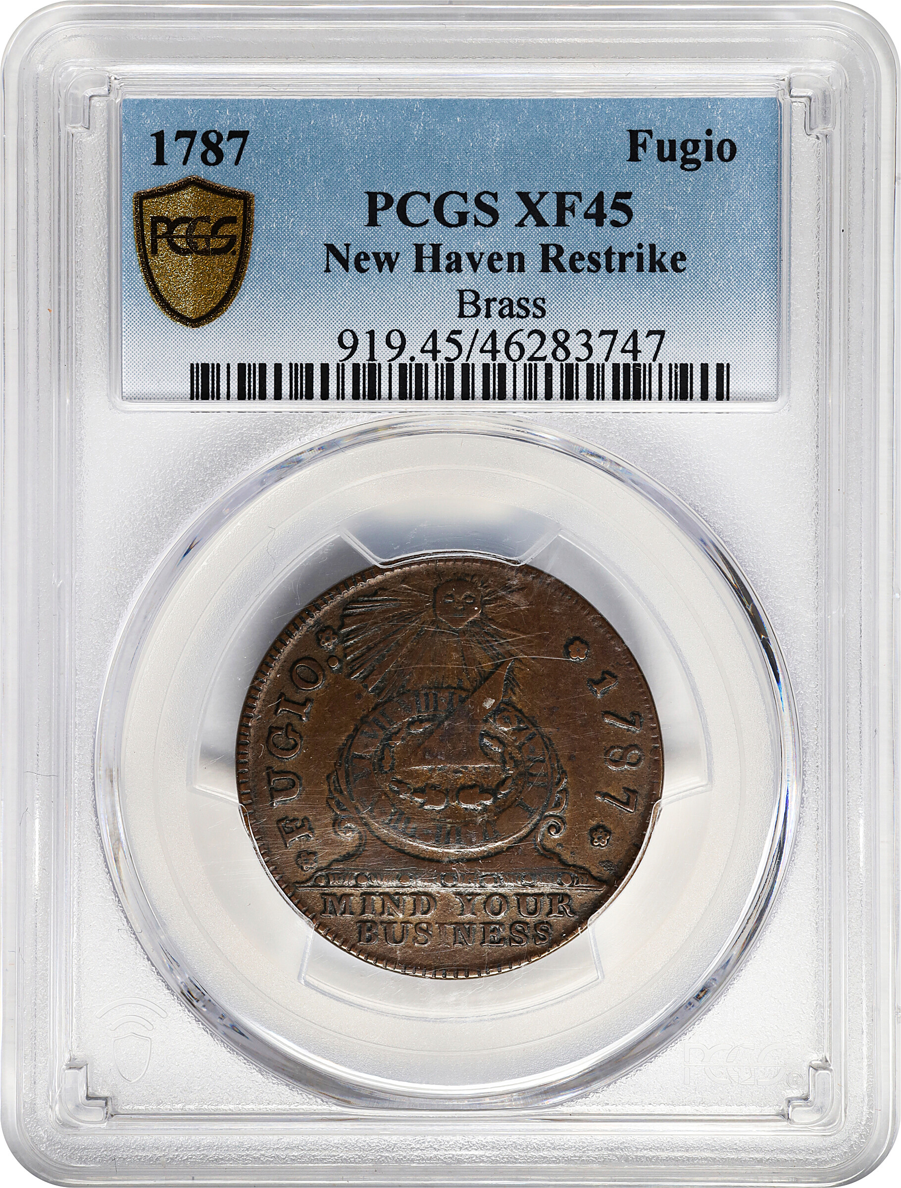 1787 Fugio 1c New Haven Restrike, Brass XF45 CAC thumbnail 3