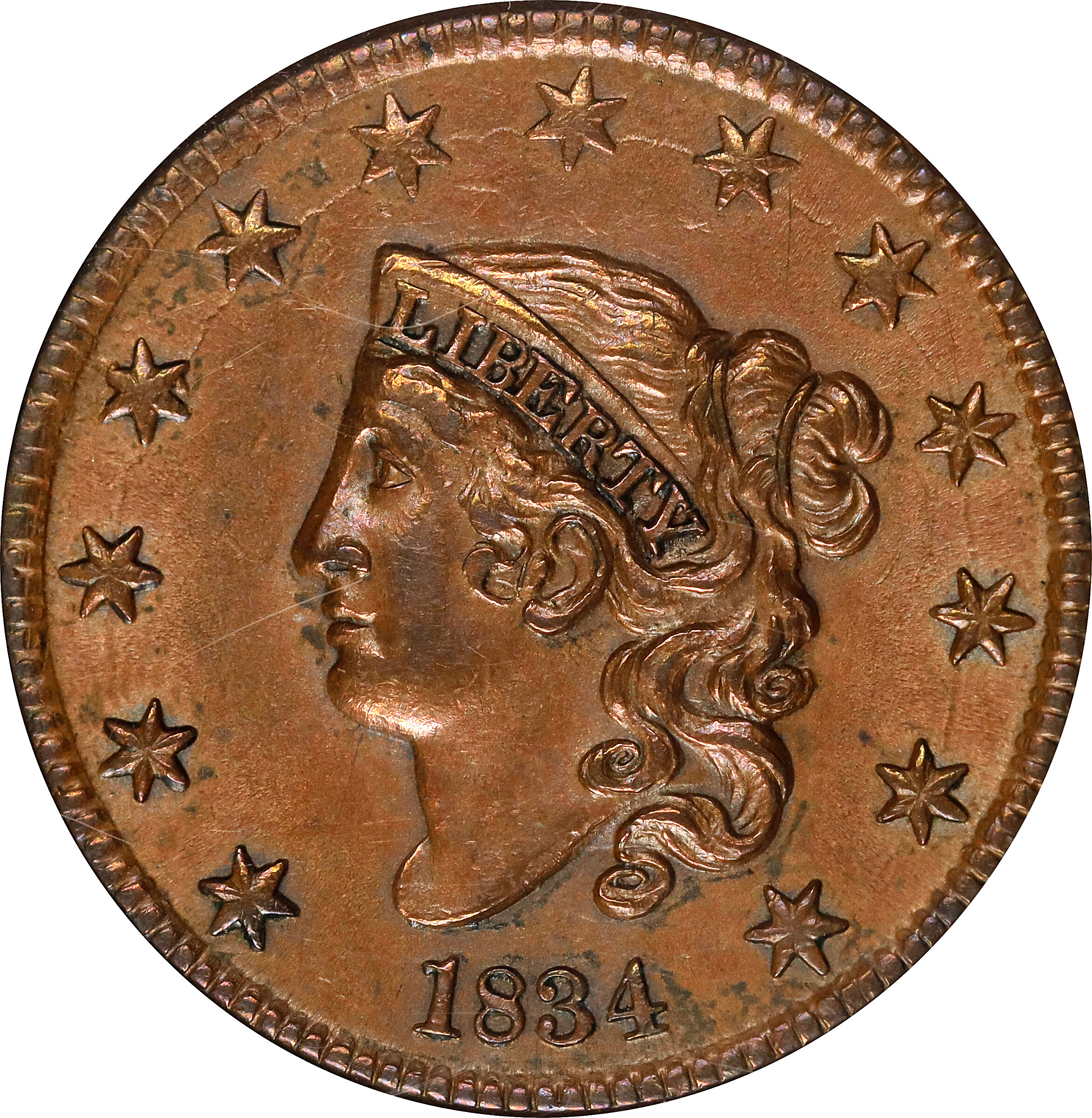 1834 Matron Head Cent. N-1. Rarity-1. Small 8, Large Stars, Medium Letters. AU-58 (ANACS). OH.