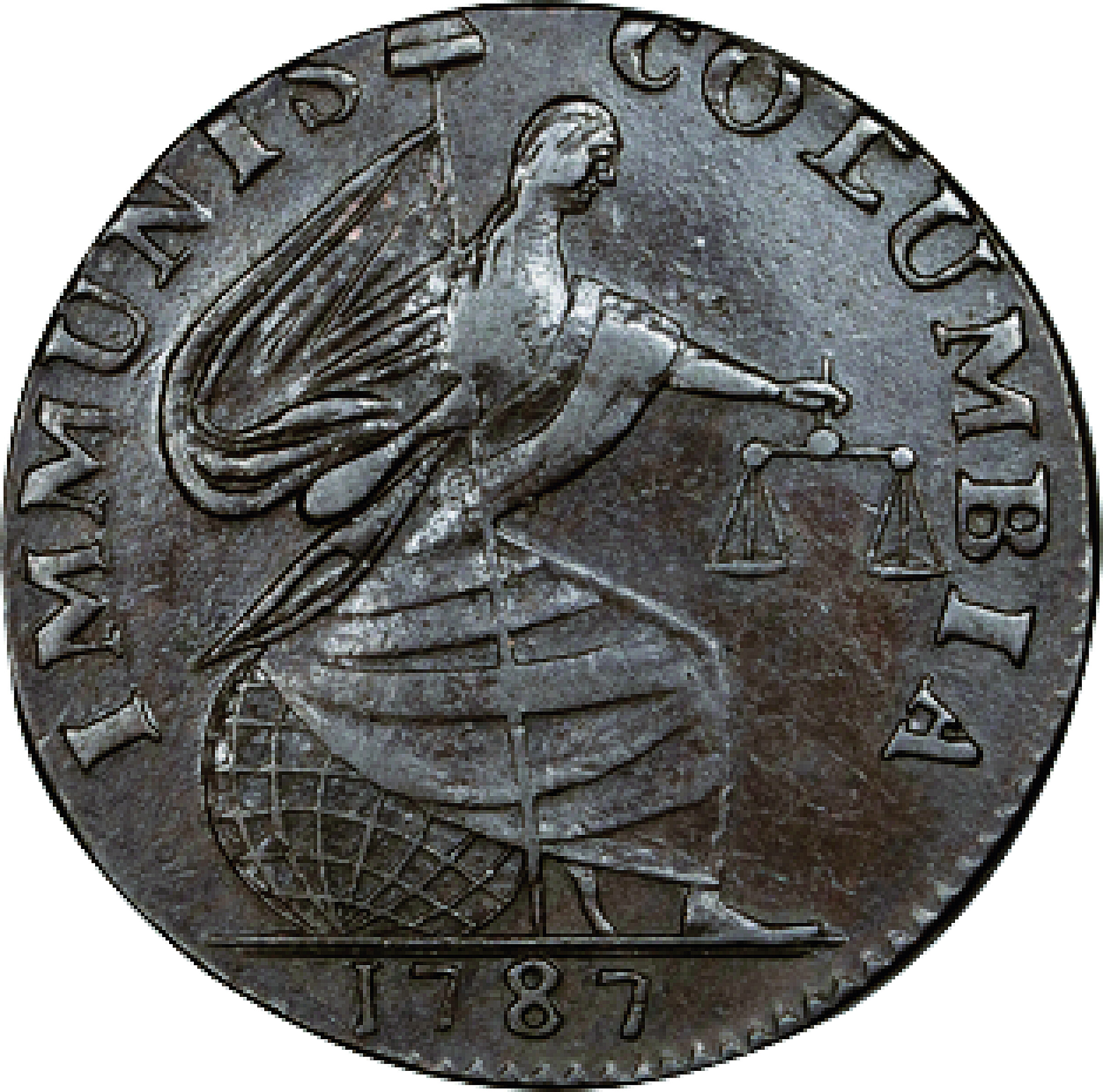 1787 Immunis Columbia Copper. W-5680, Breen-1137. Rarity-4+. Large Eagle Reverse. Plain Edge, Narrow Planchet. AU-55+ (PCGS).