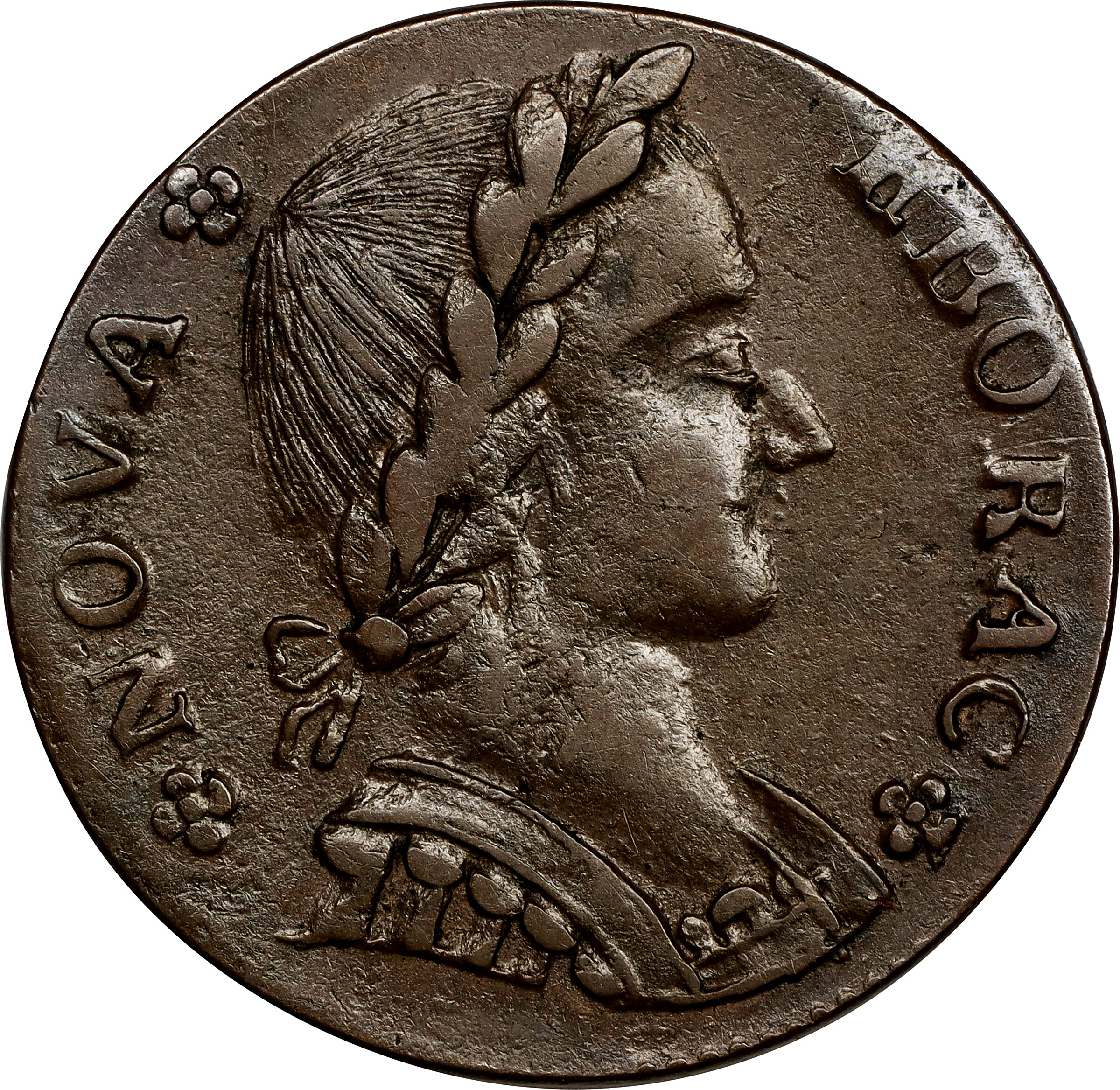 1787 Nova Eborac Copper. W-5760, Breen-987. Rarity-3. Medium Bust, Figure Seated Right. AU-53 (PCGS).