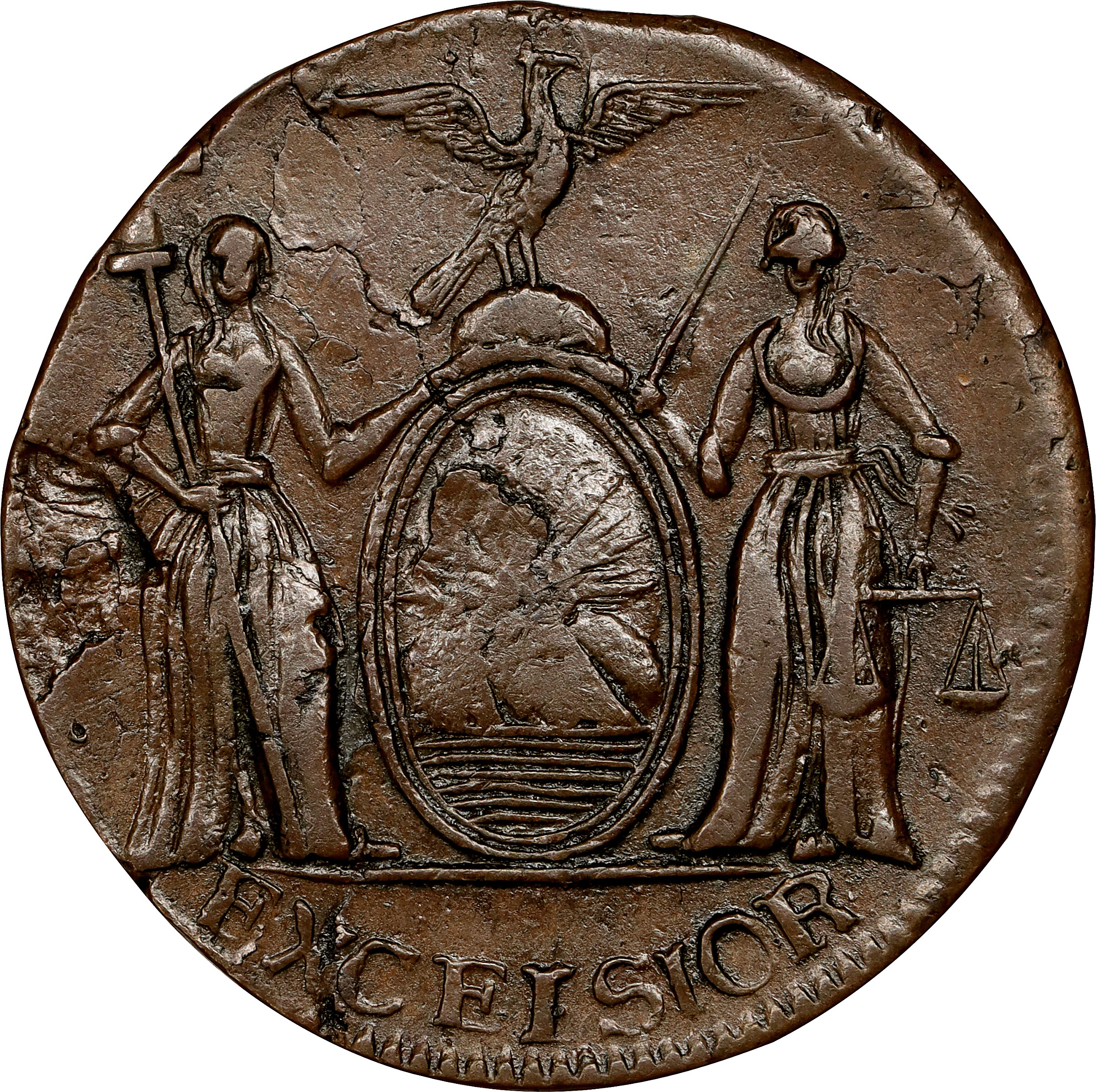 1787 New York Excelsior Copper. W-5775, Breen-978. Rarity-7+. New York Arms / Heraldic Eagle Reverse. Eagle Facing Right, Arrows at Left. AU-53 (PCGS).
