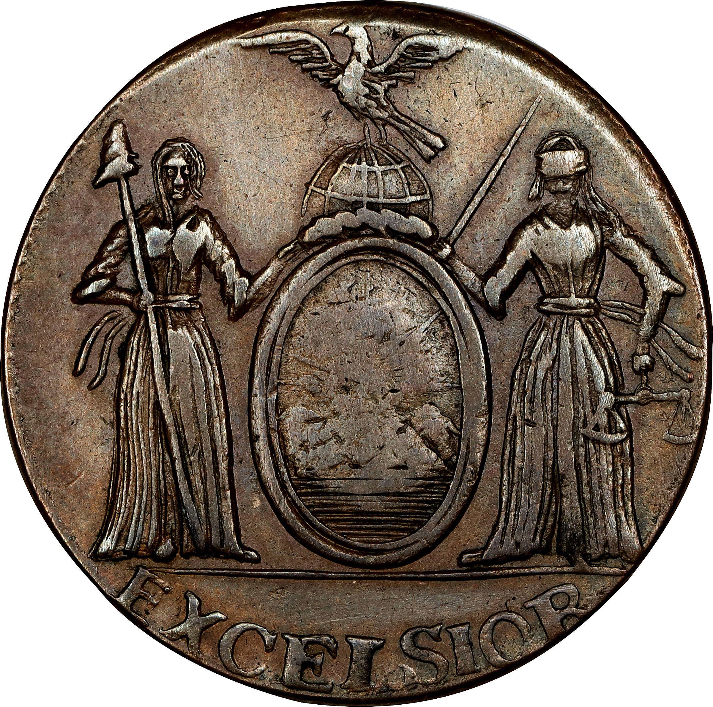 1787 New York Excelsior Copper. W-5785, Breen-980. Rarity-6. Heraldic Eagle Reverse. Eagle Facing Left, Arrows at Right. EF-45 (PCGS).